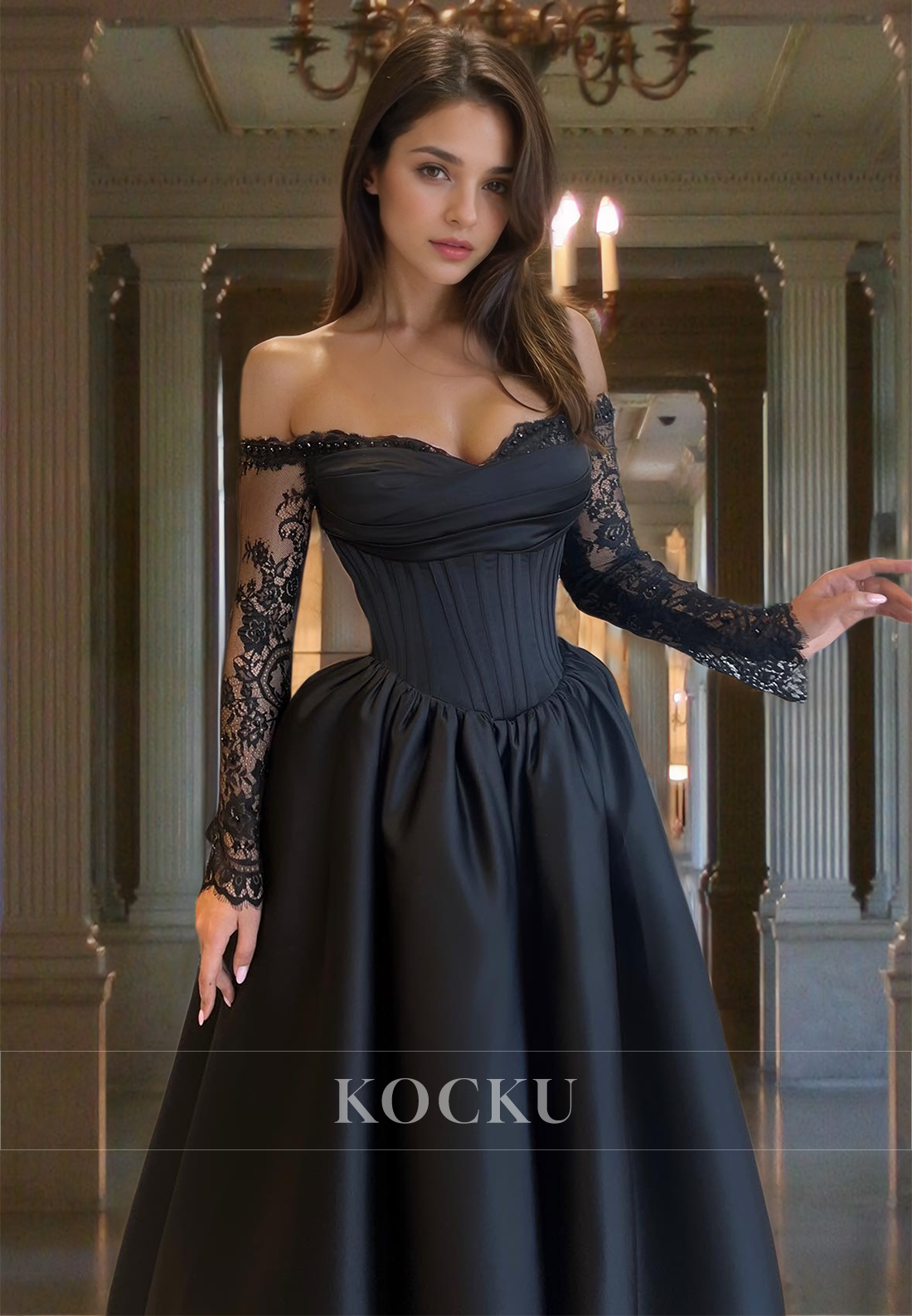 Elegant A-Line Sweetheart Long Sleeves Pleats Satin Long Prom Dress with Appliques Party Dress