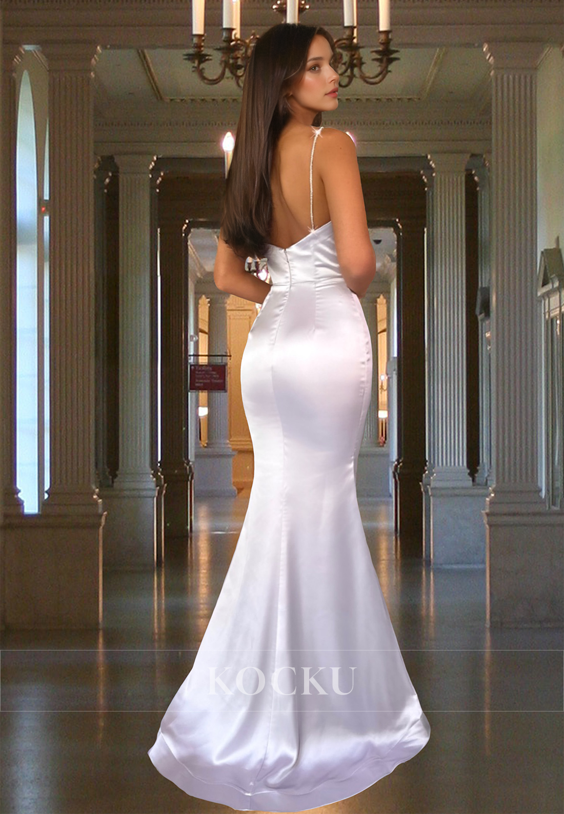 Elegant Scoop Neck Spaghetti Straps Sheath Long Satin Prom Formal Dress with Slit