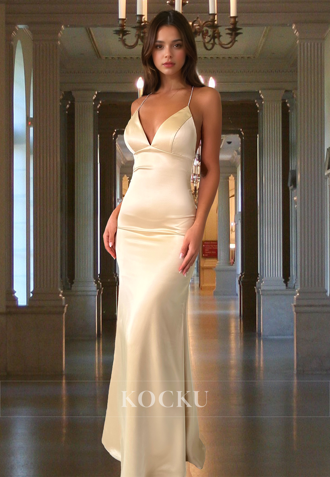 Classic V-Neck Straps Sleeveless Sheath Long Satin Prom Formal Evening Dress