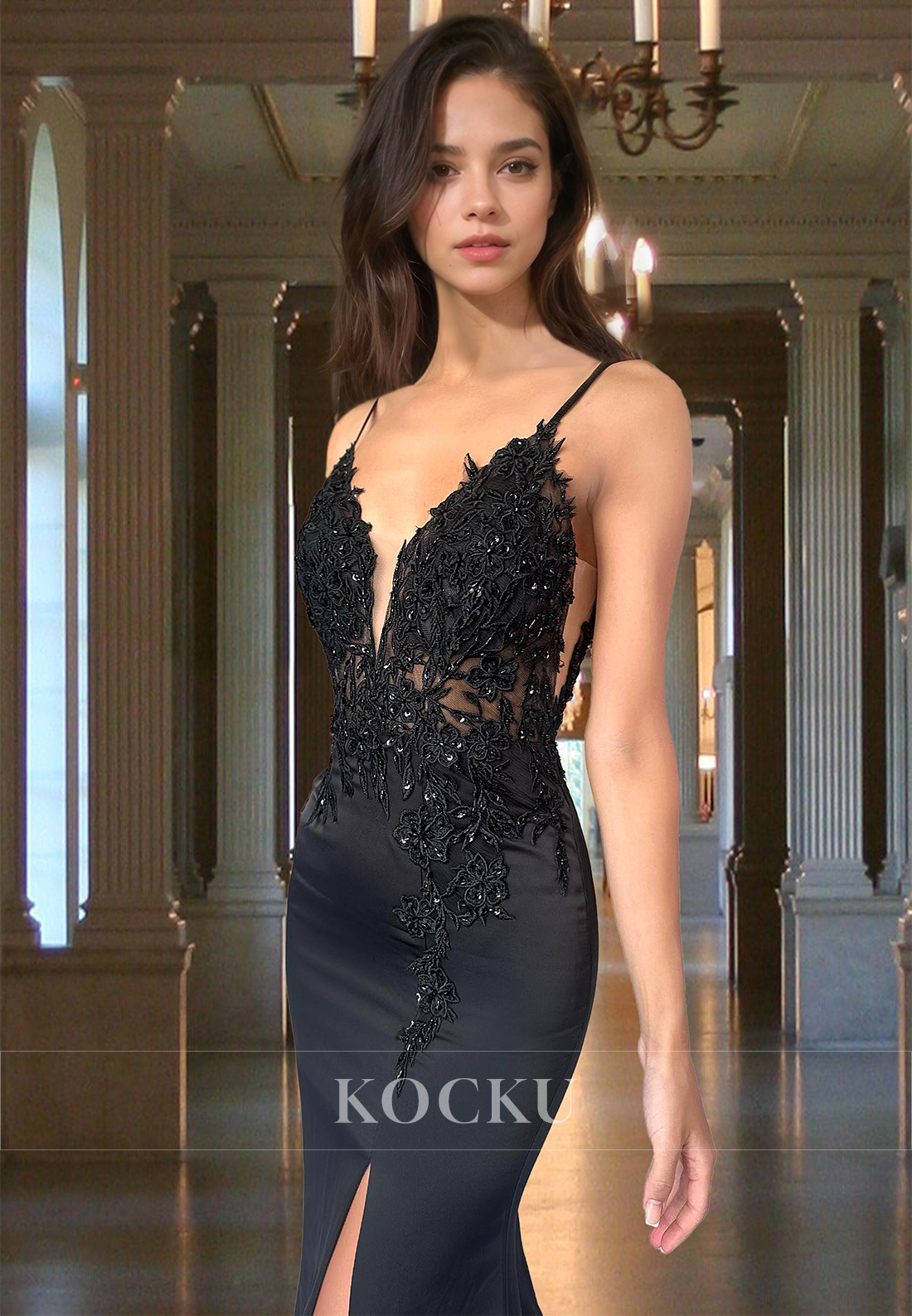 Elegant Spaghetti Straps V-Neck Mermaid Satin Long Evening Prom Gown with Appliques