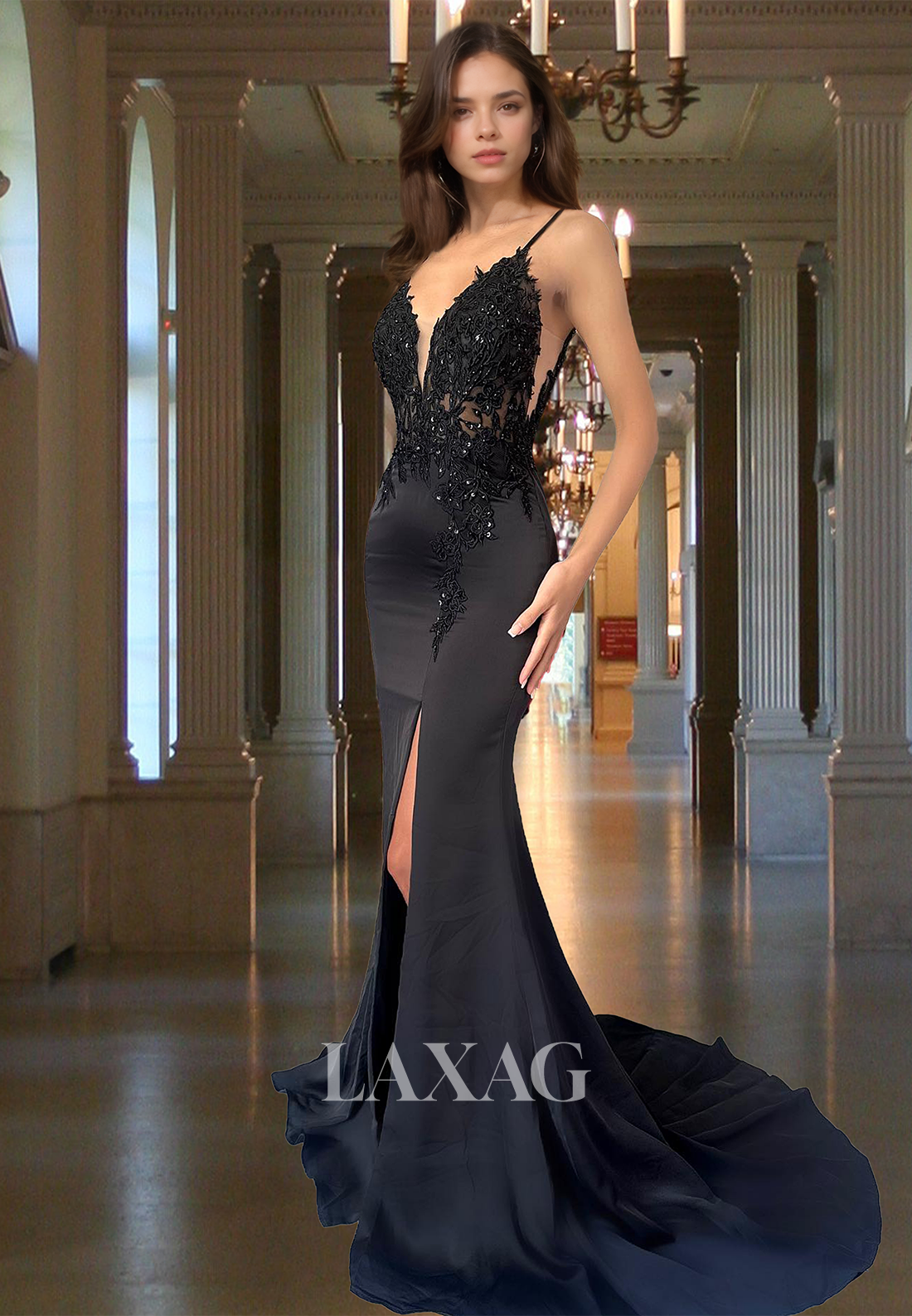 Deep V-Neck Spaghetti Straps Sleeveless Evening Gowns Beaded Applique Mermaid Prom Dress with Sweep Train