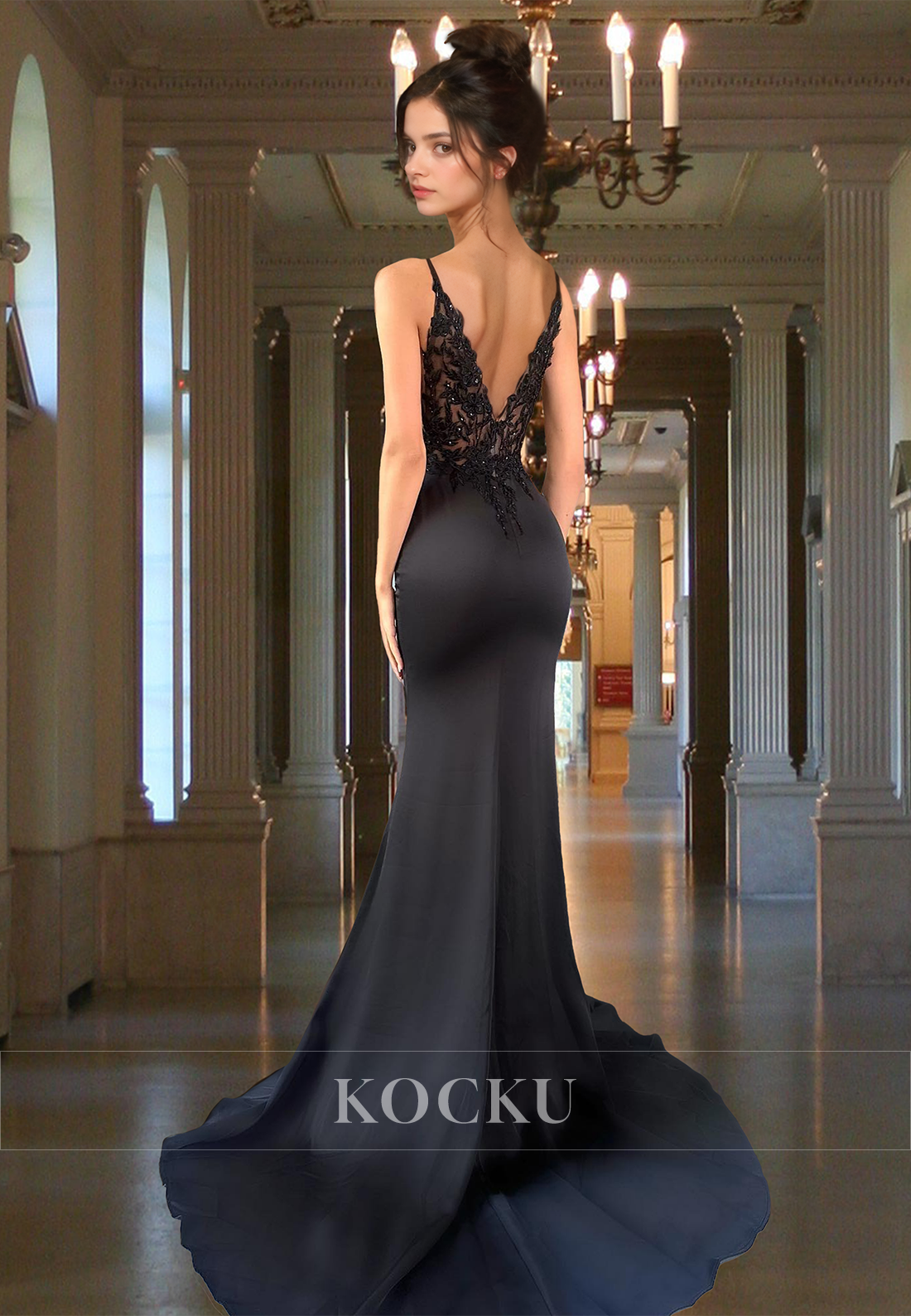 Elegant Spaghetti Straps V-Neck Mermaid Satin Long Evening Prom Gown with Appliques