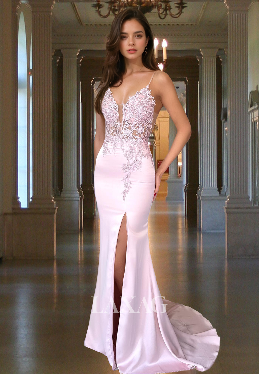 Deep V-Neck Spaghetti Straps Sleeveless Evening Gowns Beaded Applique Mermaid Prom Dress with Sweep Train