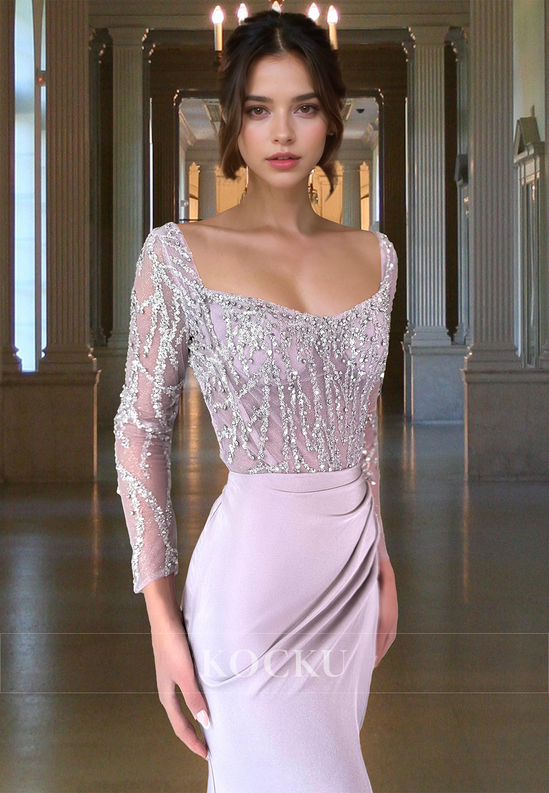 Beaded Satin Long Sleeves Side Slit Pleats Long Prom Formal Party Dress with Train