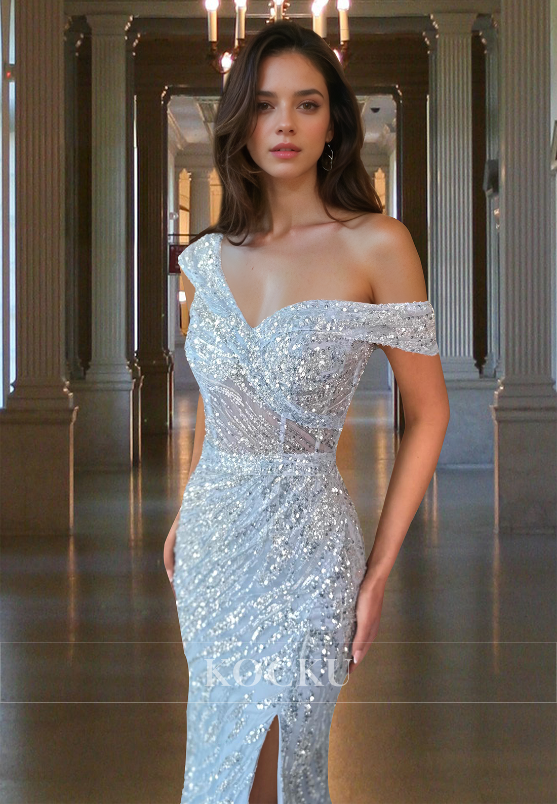 Elegant One Shoulder Sleeveless Sheath Sequin Appliques Lace Party Prom Dress with Slit