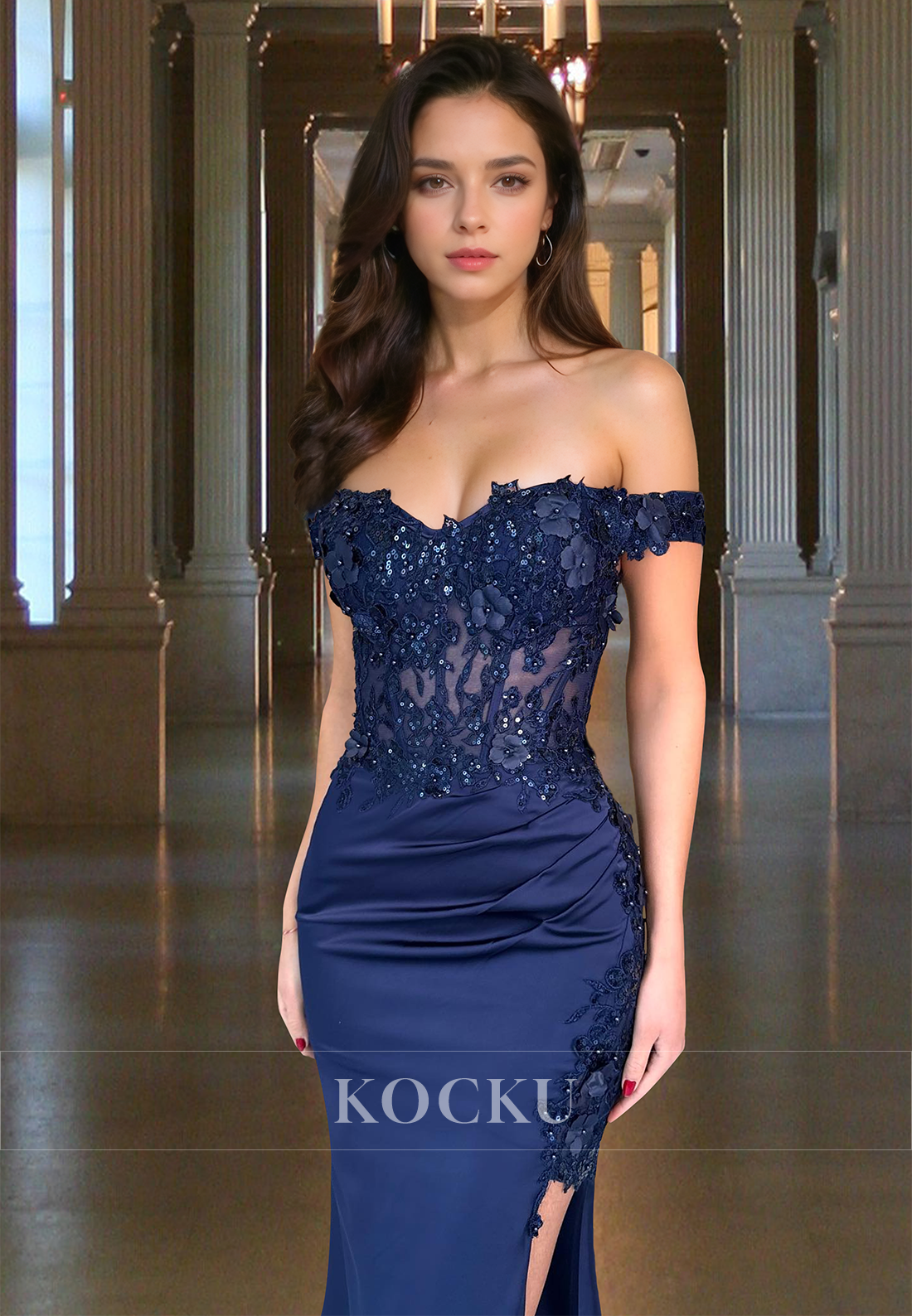 Off-Shoulder Sleeveless Stripe Sheath Side Slit Train Pleats Paty Formal Dress with Appliques
