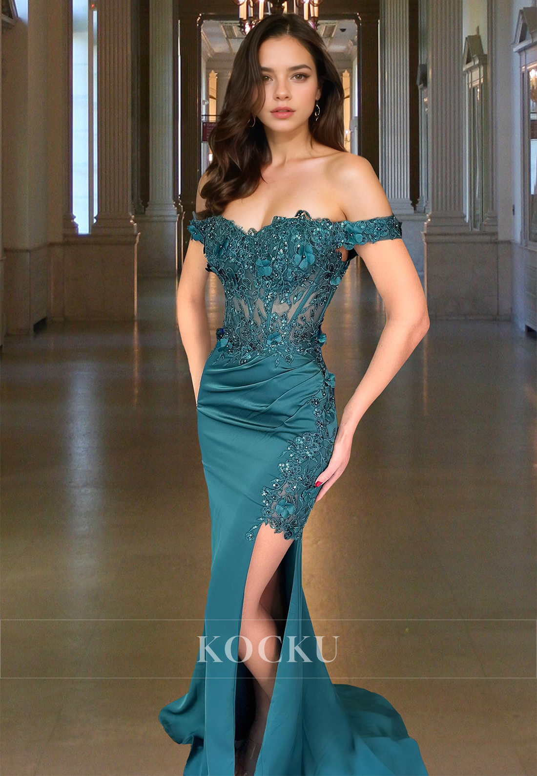 Off-Shoulder Sleeveless Stripe Sheath Side Slit Train Pleats Paty Formal Dress with Appliques
