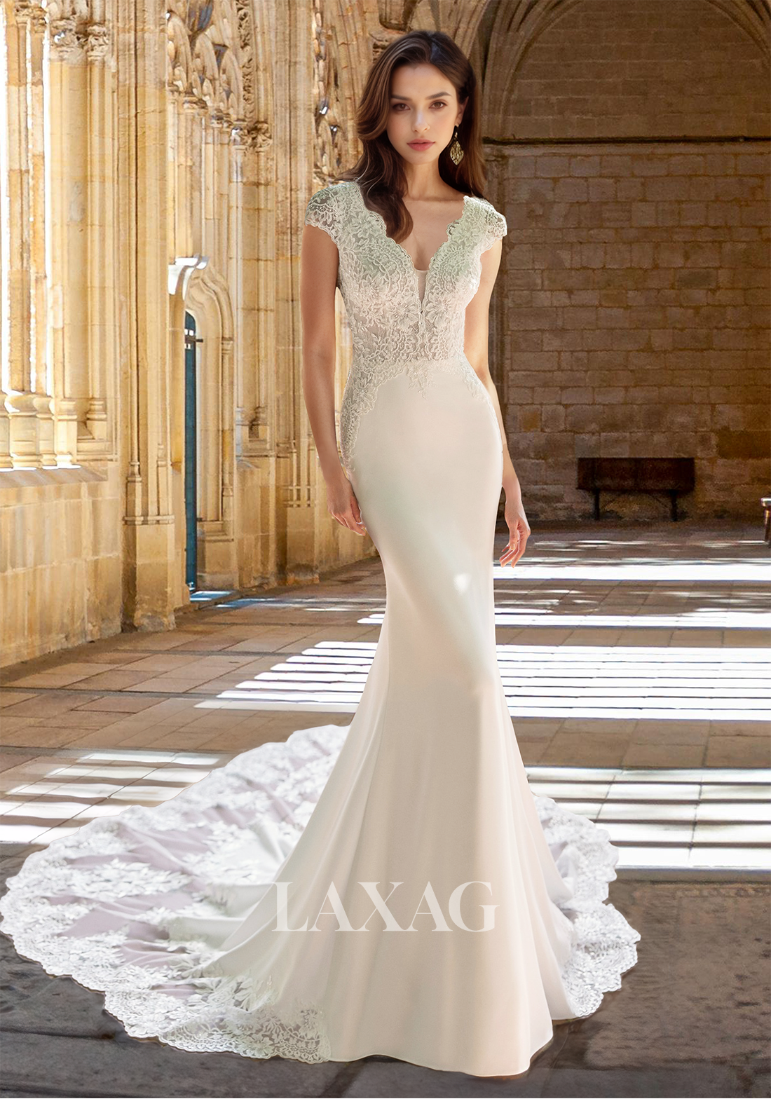 Deep V-Neck Cap-Sleeves Sweep Train Mermaid Prom Dress Lace Applique Cutout Bride Gowns