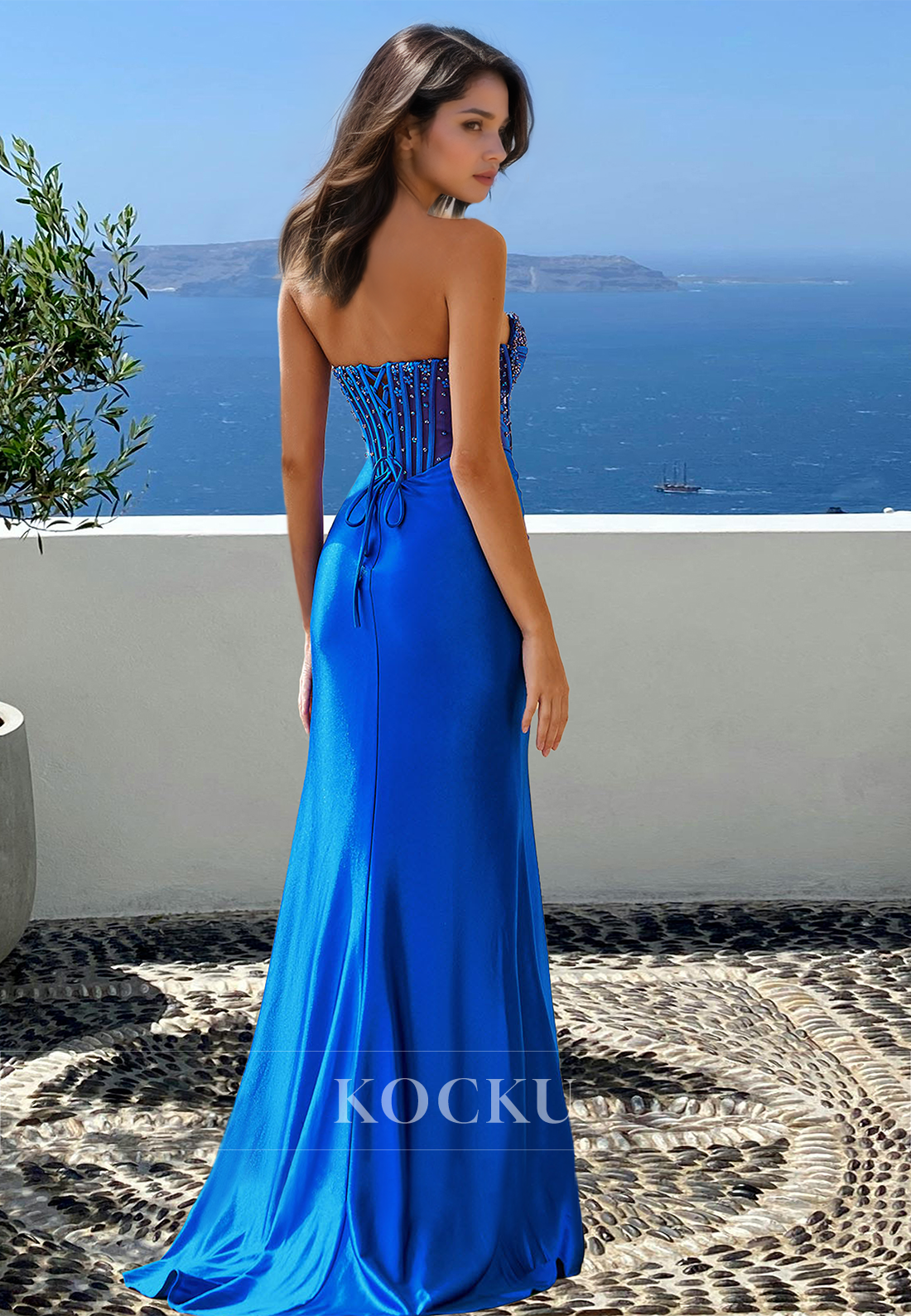 Beaded Royal Blue Empire Sweetheart Satin Stripes Prom Party Evening Dress with Slit