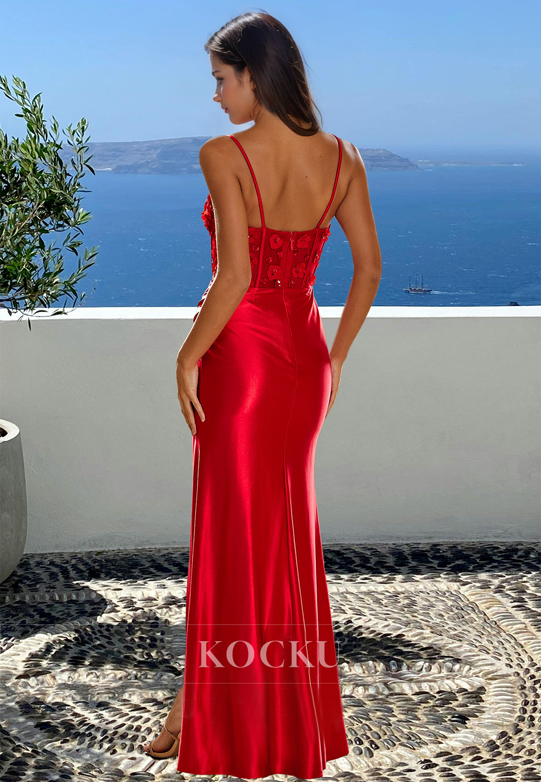 Beaded Sweetheart Straps High Slit Empire Waist Satin Pleats Prom Party Dress with Floral