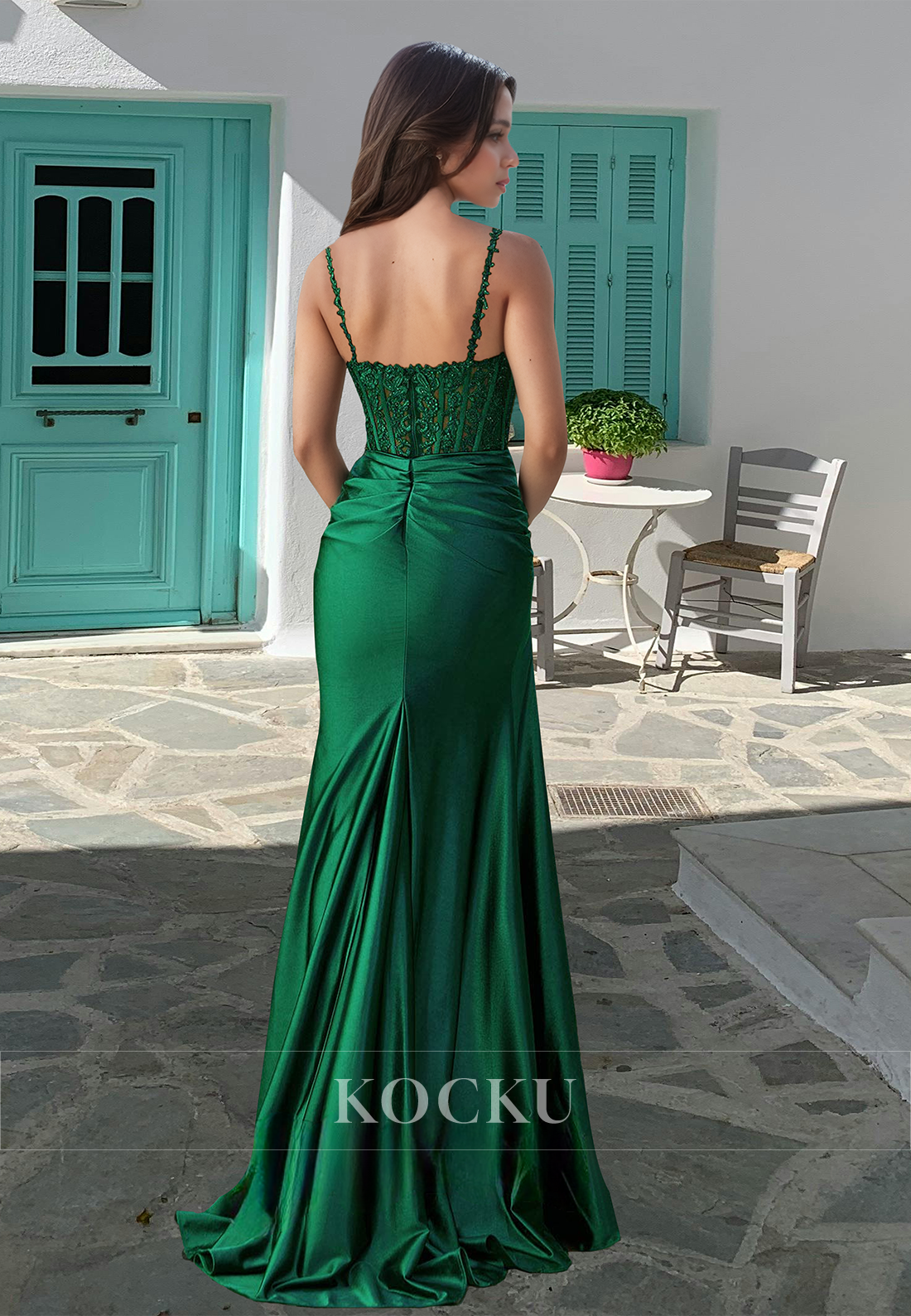 Scoop Neck Spaghetti Straps Sheath Stripes Satin Appliques Pleats Prom Dress with High Slit