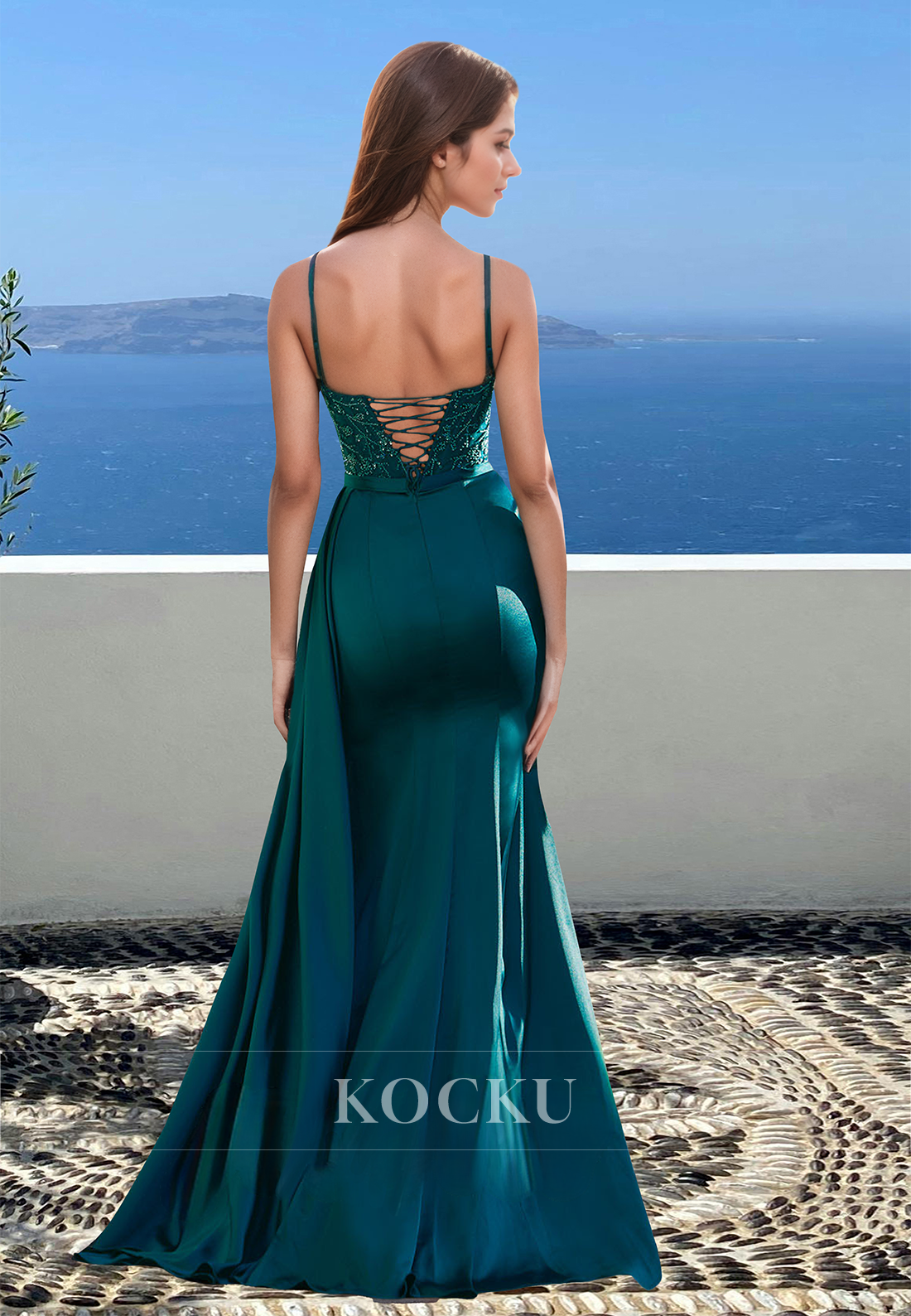 Elegant Sweetheart Straps Sheath Side Slit Train Appliques Satin Party Prom Dress with Beaded