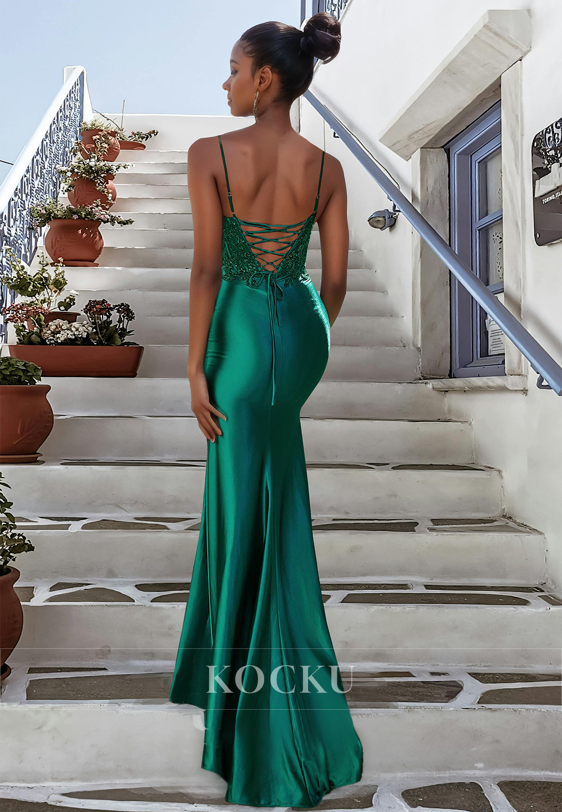 Elegant V-Neck Spaghetti Straps Fitted Satin Appliques Party Prom Dress with Slit