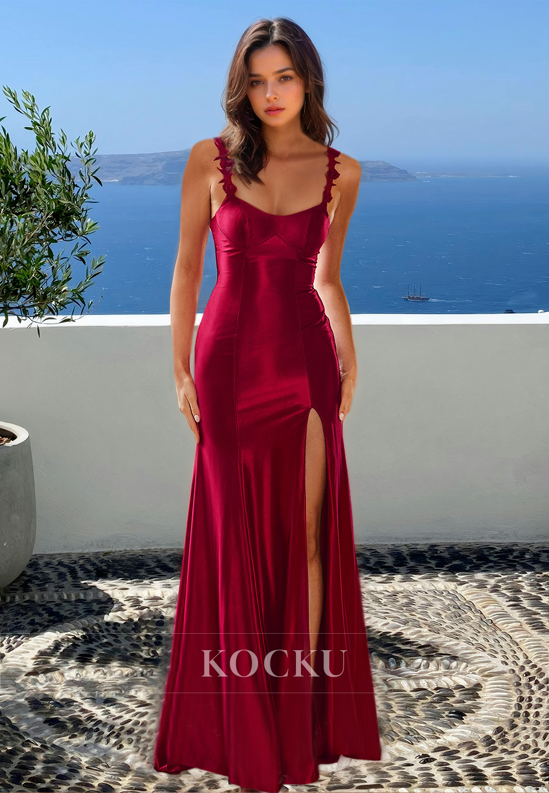 Sexy Off Shoulder Fitted Satin Sleeveless Satin Long Prom Dress with Slit Formal Gown