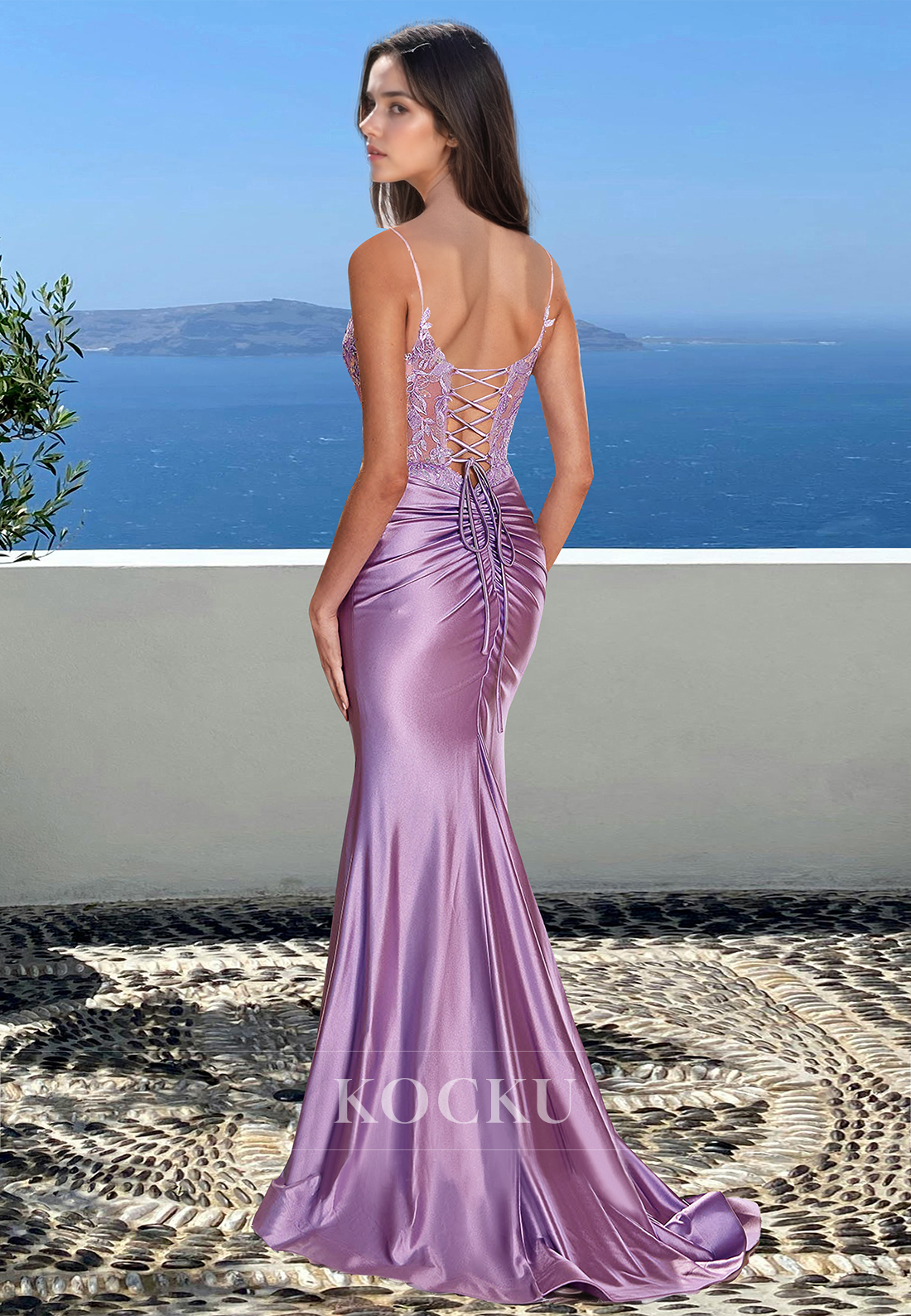 Sexy V-Neck Mermaid Straps Sleeveless Satin Appliques Evening Formal Dress with Train