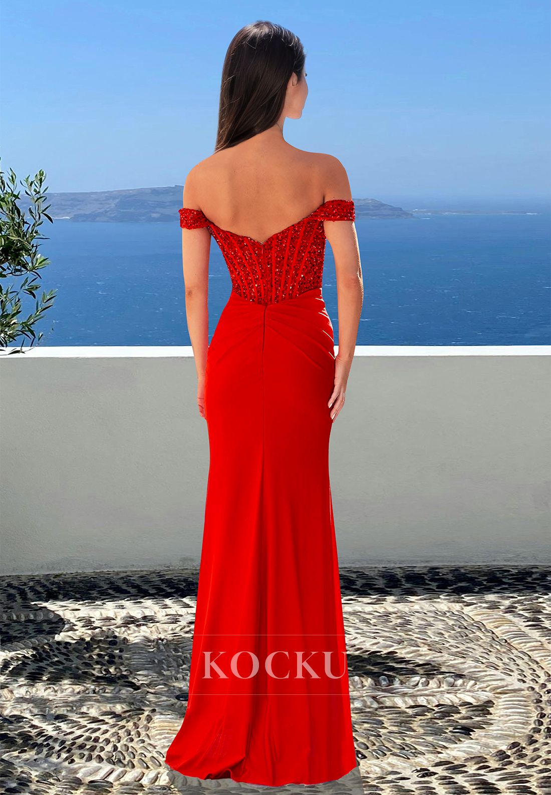 Beaded Off Shoulder Sleeveless Stripe Satin Pleated Long Formal Prom Dress with High Slit