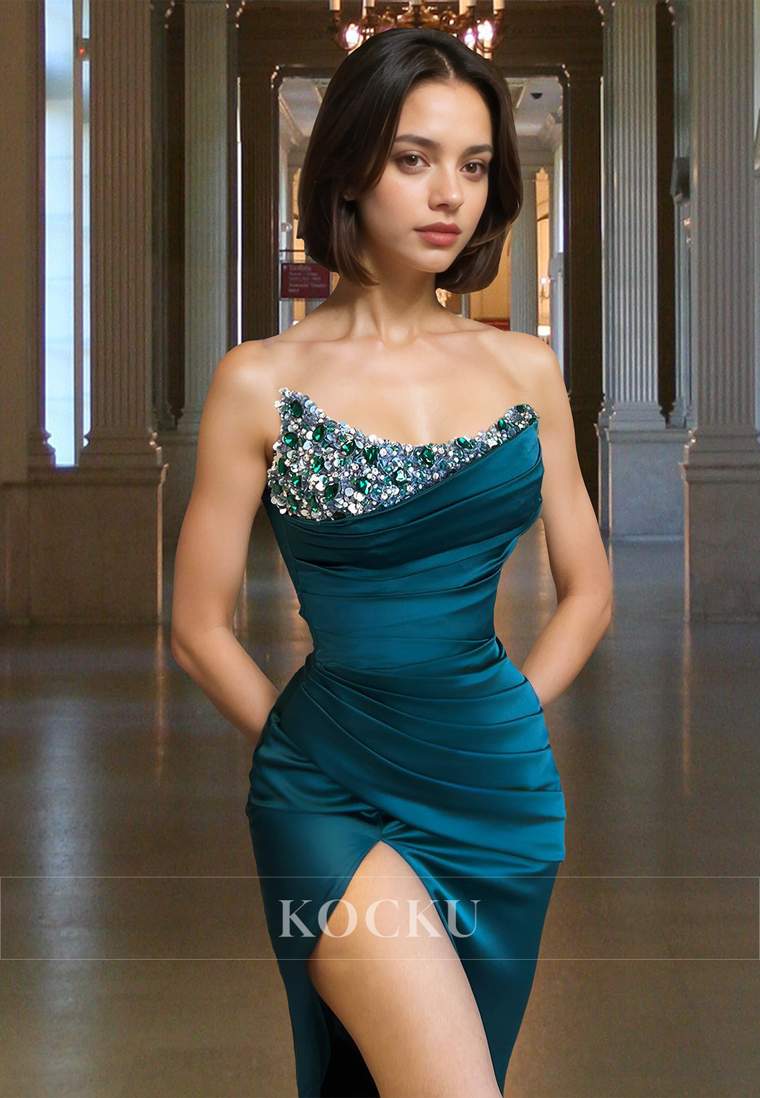 Elegant Tube Top Sheath Party Dress Sleeveless Ruched Satin Formal Gown with Beads