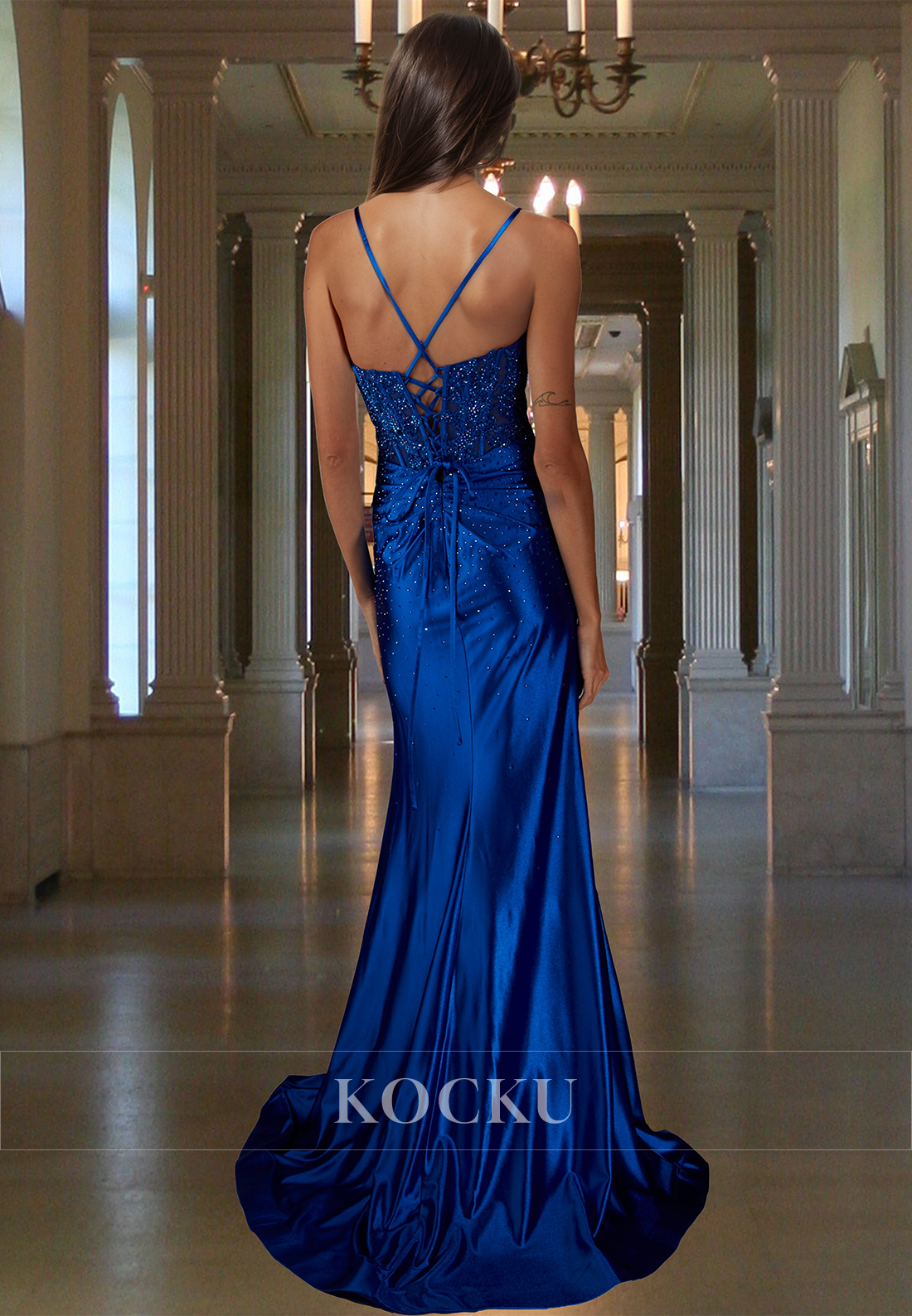 Fully Beaded Straps Sweetheart Satin Fitted Satin Appliuqes Party Prom Dress with Slit