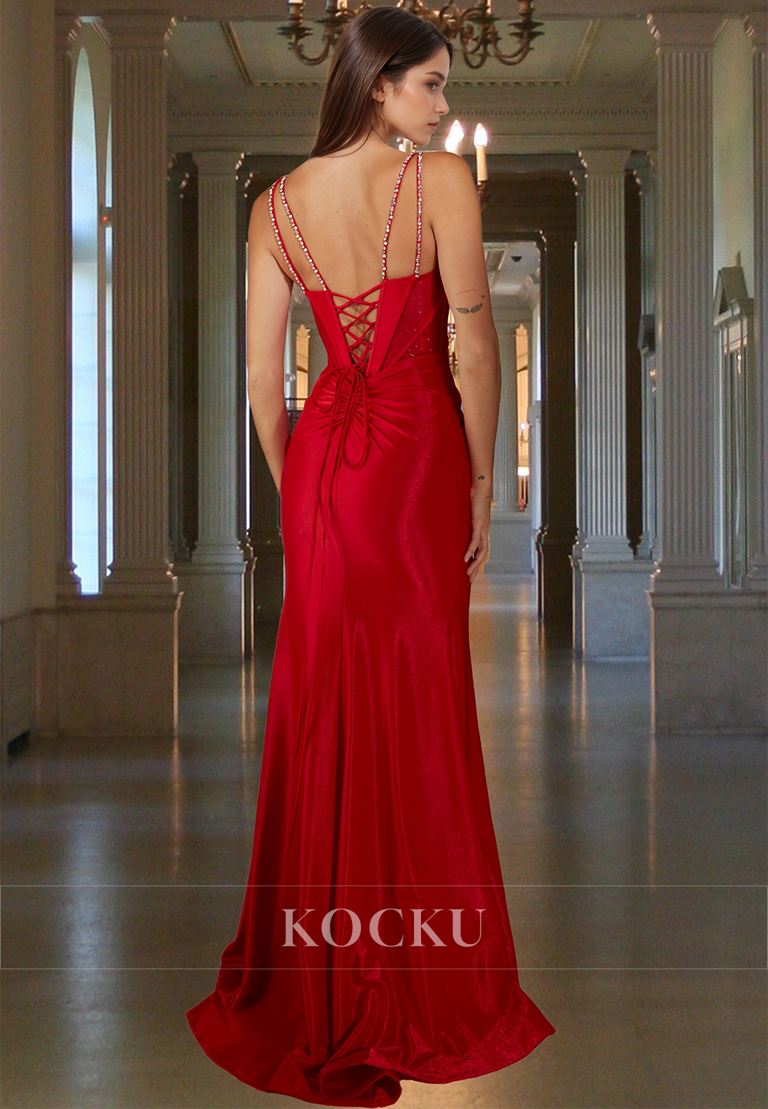 Beaded Spaghetti Straps Sheath Stripe Satin Pleats Evening Prom Dress with Slit