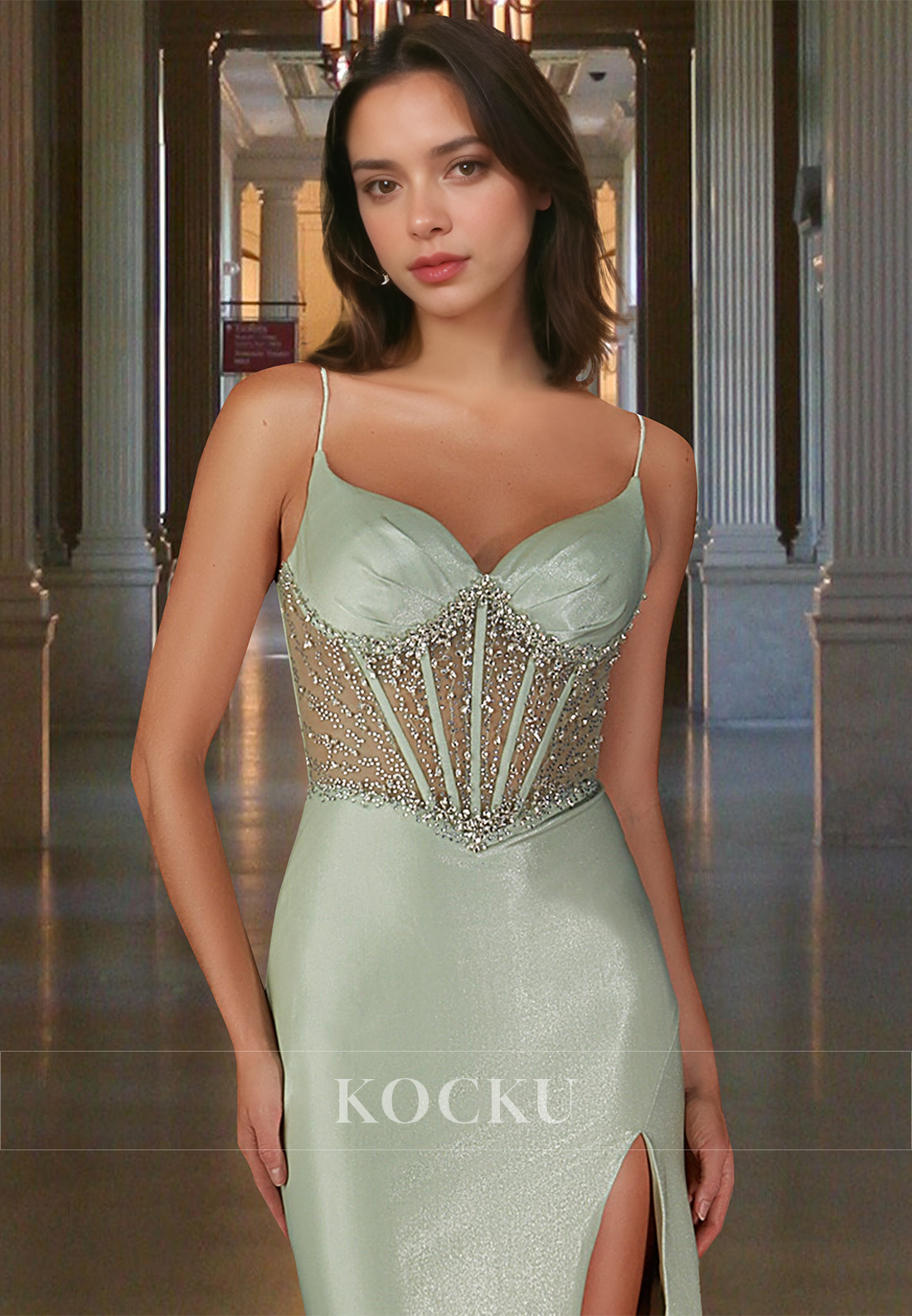 Spaghetti Straps Sweetheart Fitted Satin Side Slit Train Party Prom Dress with Beaded