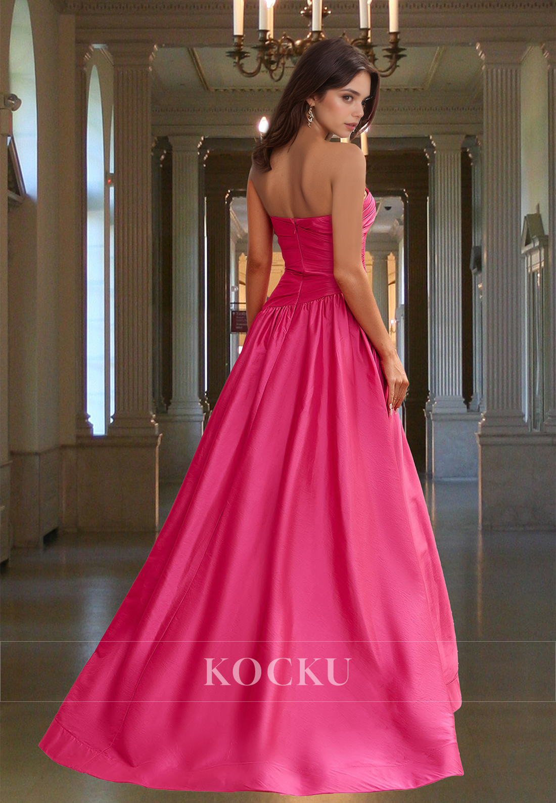 Classic A-Line Tube Top Sleeveless Floor-Length Pleated Prom Party Dress with Slit