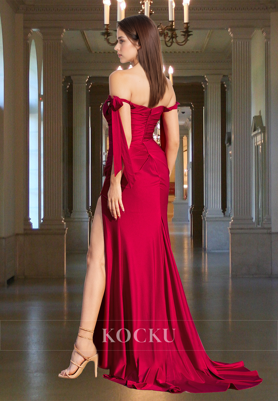 Sexy Off-Shoulder Empire Waist Side Slit Pleated Satin Long Party Prom Dress with Bows