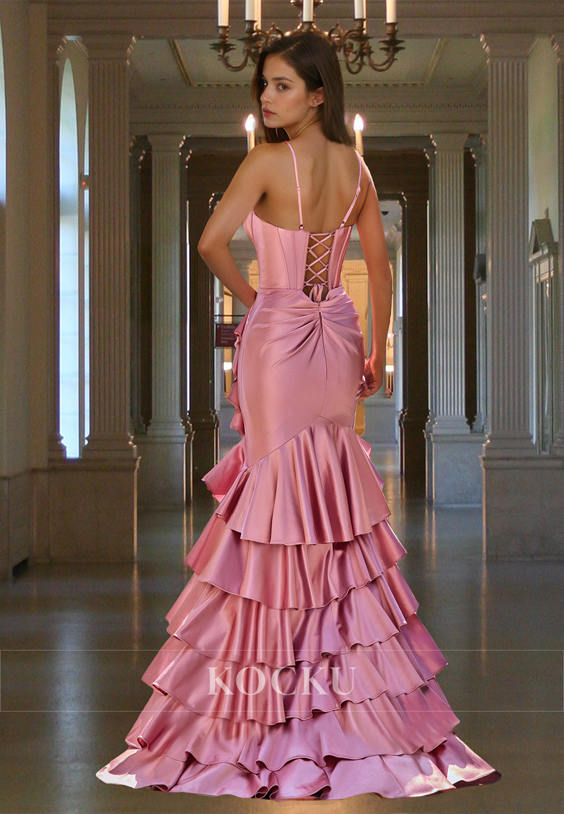 Gorgeous V-Neck Straps Mermaid Sleeveless Pleated Satin Evening Formal Gowns with Slit