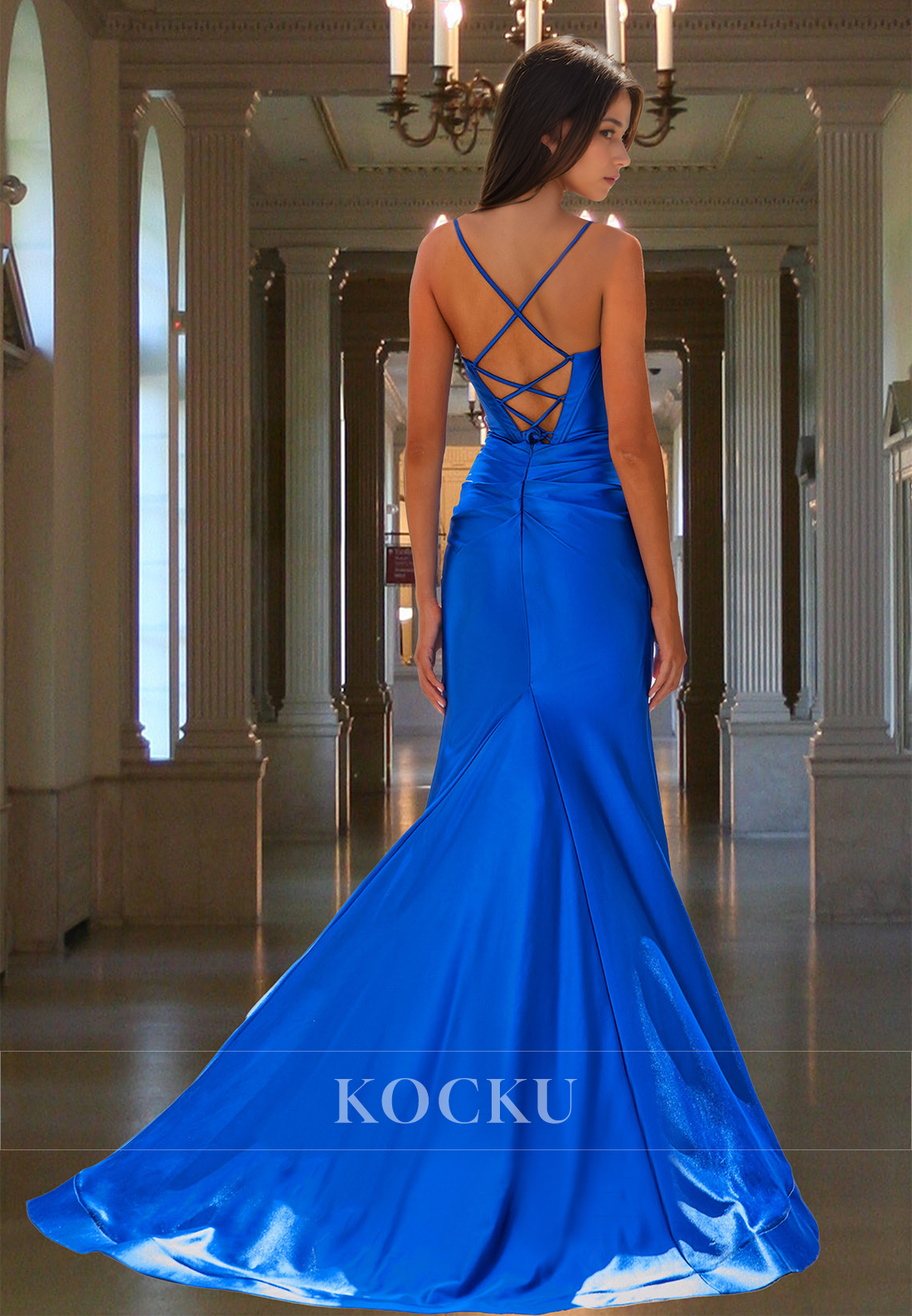 Royal Blue Spaghetti Stras Fitted Satin High Slit Train Long Formal Prom Dress with Bows