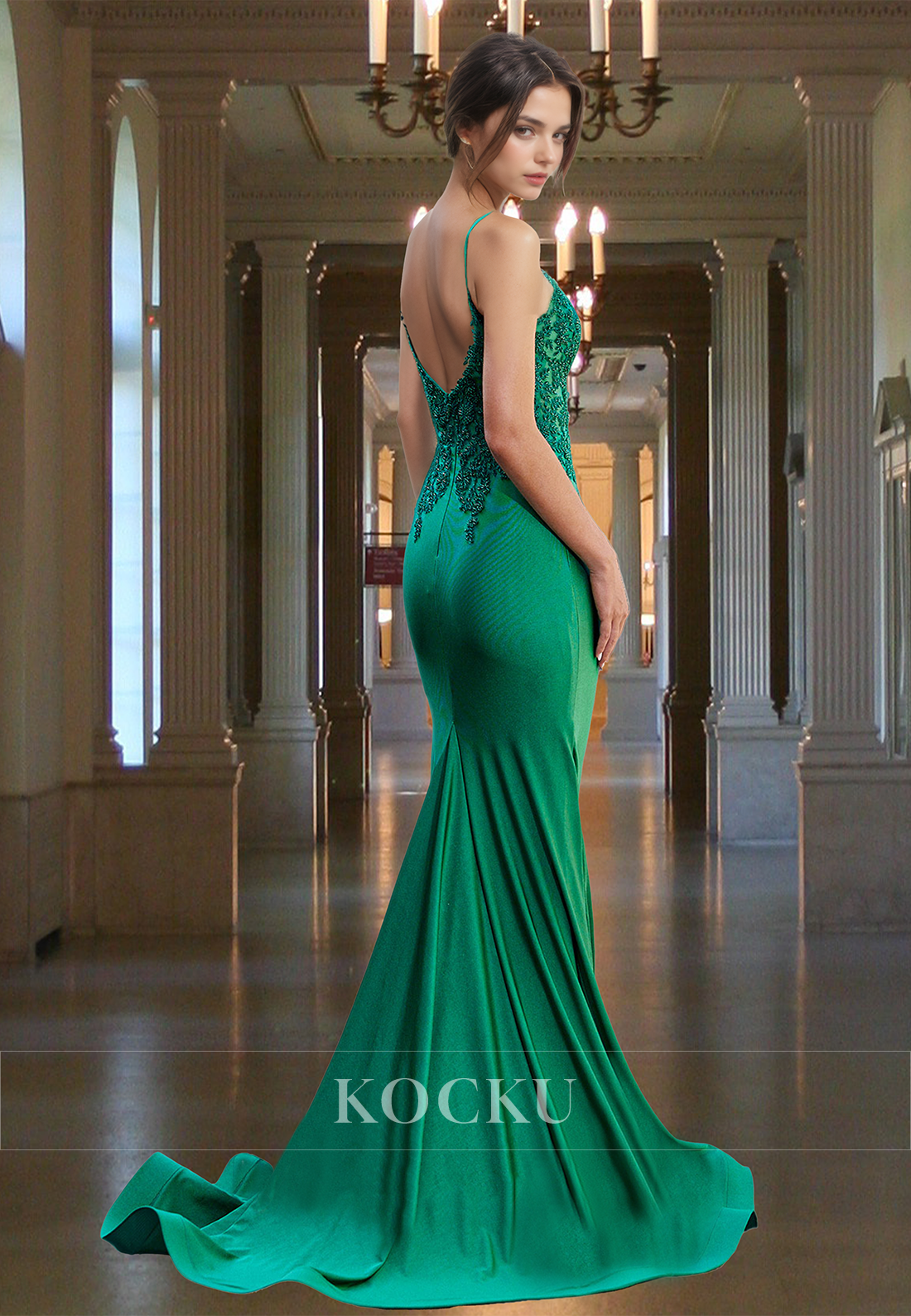 Beaded Spaghetti Straps V-Neck Fitted Satin Sweep Train Prom Formal Dress with Appliques