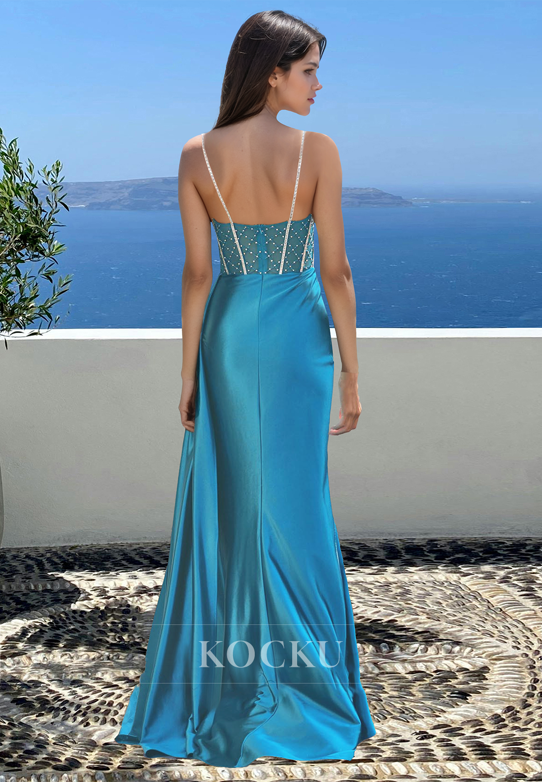 Beaded Sweetheart Spaghetti Straps Sheath Pleated Satin Prom Party Dress with Slit