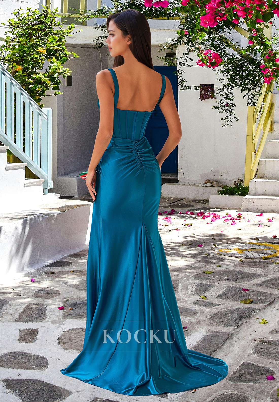 Classic Square Neck Straps Side Slit Empire Waist Pleated Satin Formal Prom Dress with Train