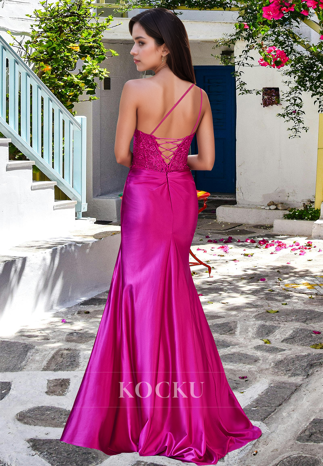 Empire Waist One Shoulder Sleeveless Appliques Satin Prom Formal Party Dress with Floral