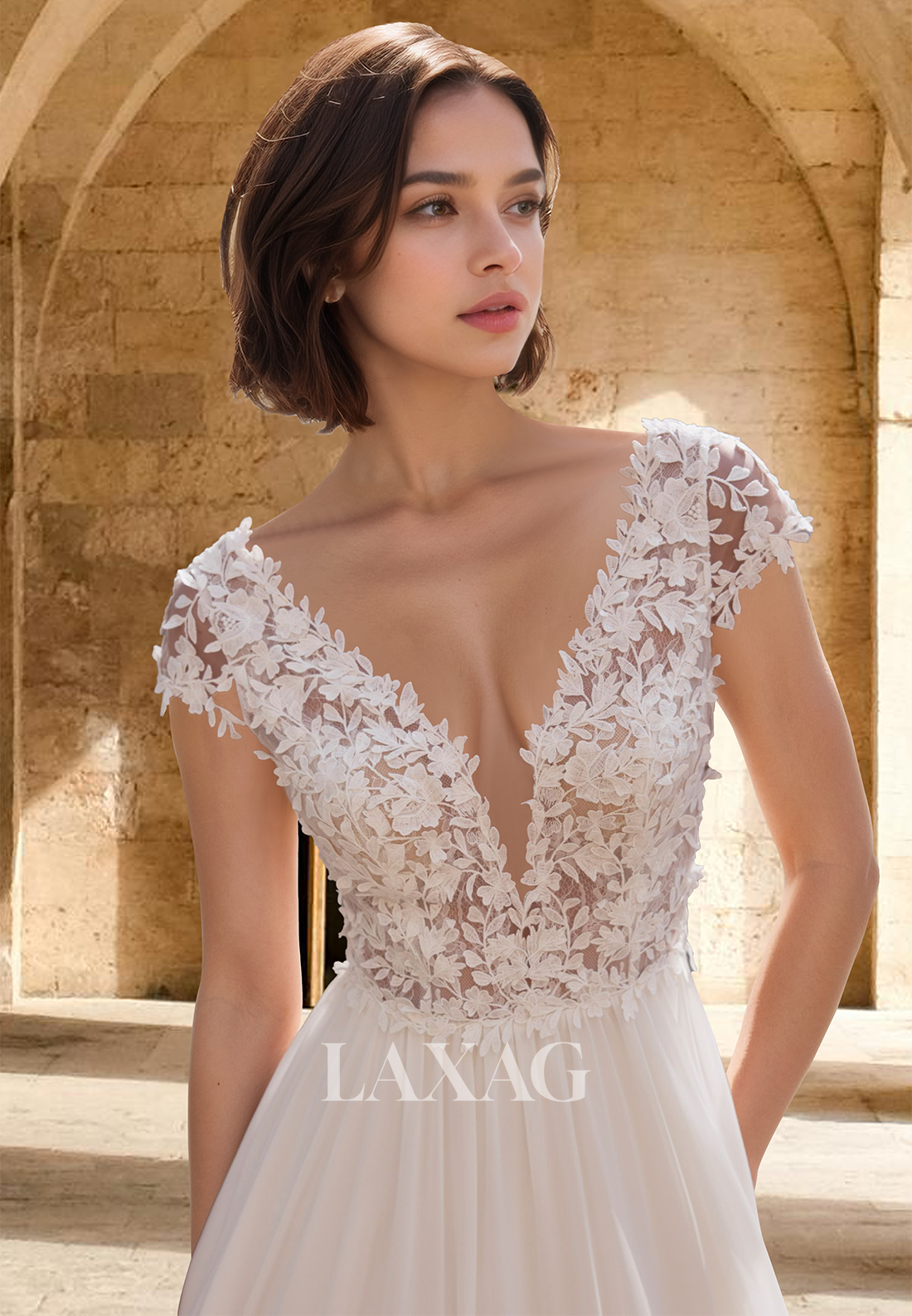 Deep V-Neck Spaghetti Straps Short-Sleeves A-Line Wedding Dress Lace Applique Pleated Cutout Bride Gowns