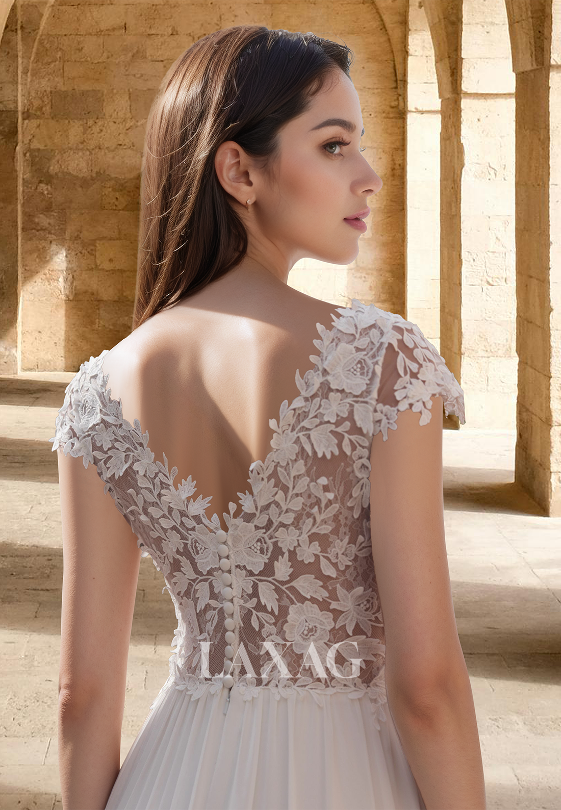 Deep V-Neck Spaghetti Straps Short-Sleeves A-Line Wedding Dress Lace Applique Pleated Cutout Bride Gowns