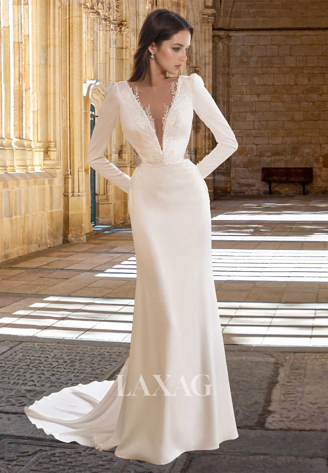 Deep V-Neck Long-Sleeves Mermaid Wedding Dress Bride Gowns Beaded Applique Pleated Bride Gowns