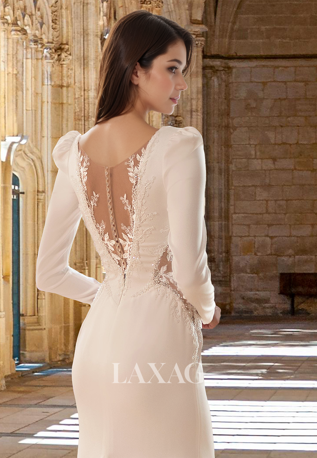 Deep V-Neck Long-Sleeves Mermaid Wedding Dress Bride Gowns Beaded Applique Pleated Bride Gowns