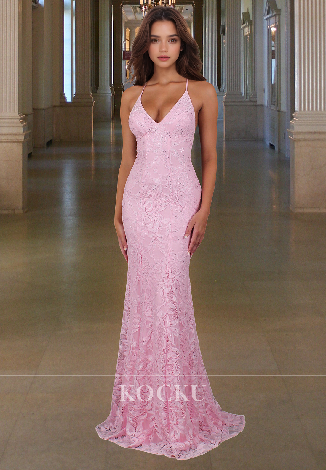 Beaded Spaghetti Straps V-Neck Mermaid Long Lace Formal Prom Dress with Appliques