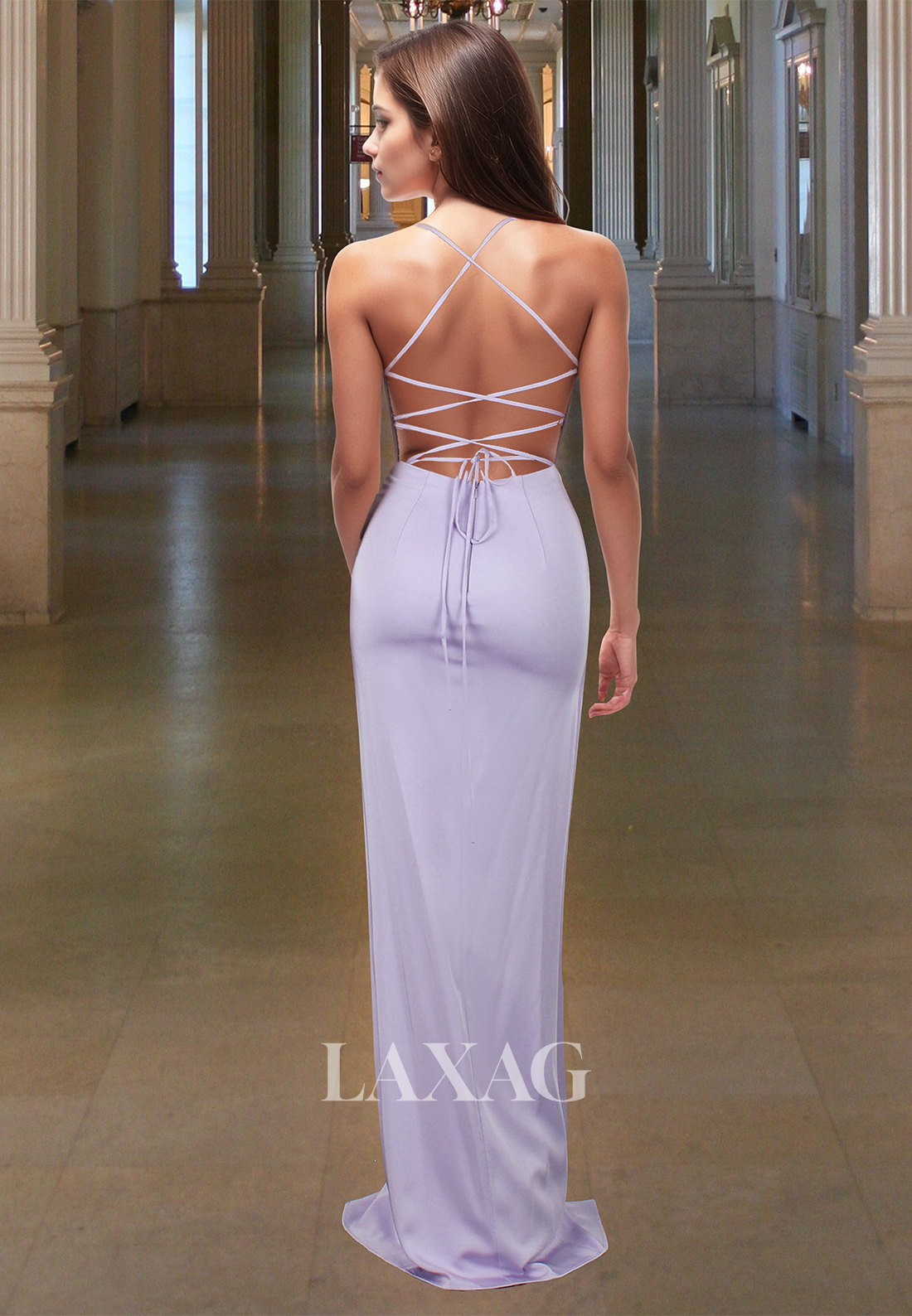 Deep V-Neck Spaghetti Straps Off-Shoulder Fitted Prom Dress Sleeveless Pleated Stone Evening Gowns