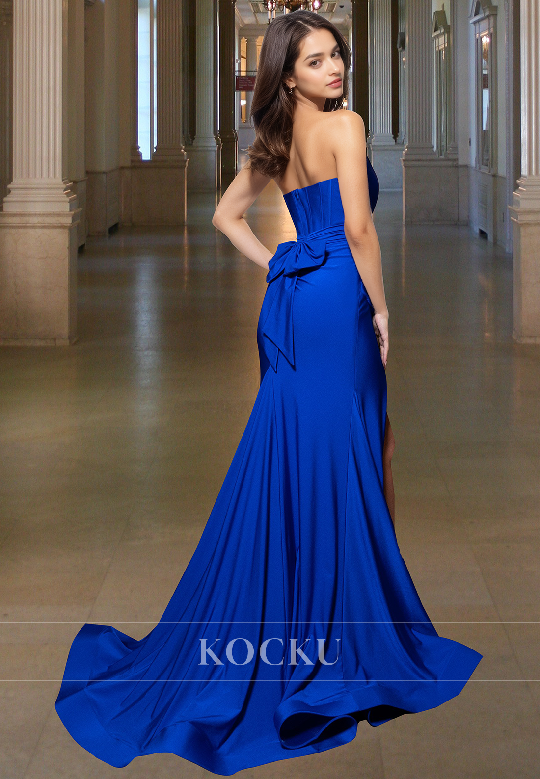 Elegant Tube Top Sheath Prom Dress Side Slit Train Satin Formal Gowns with Bows