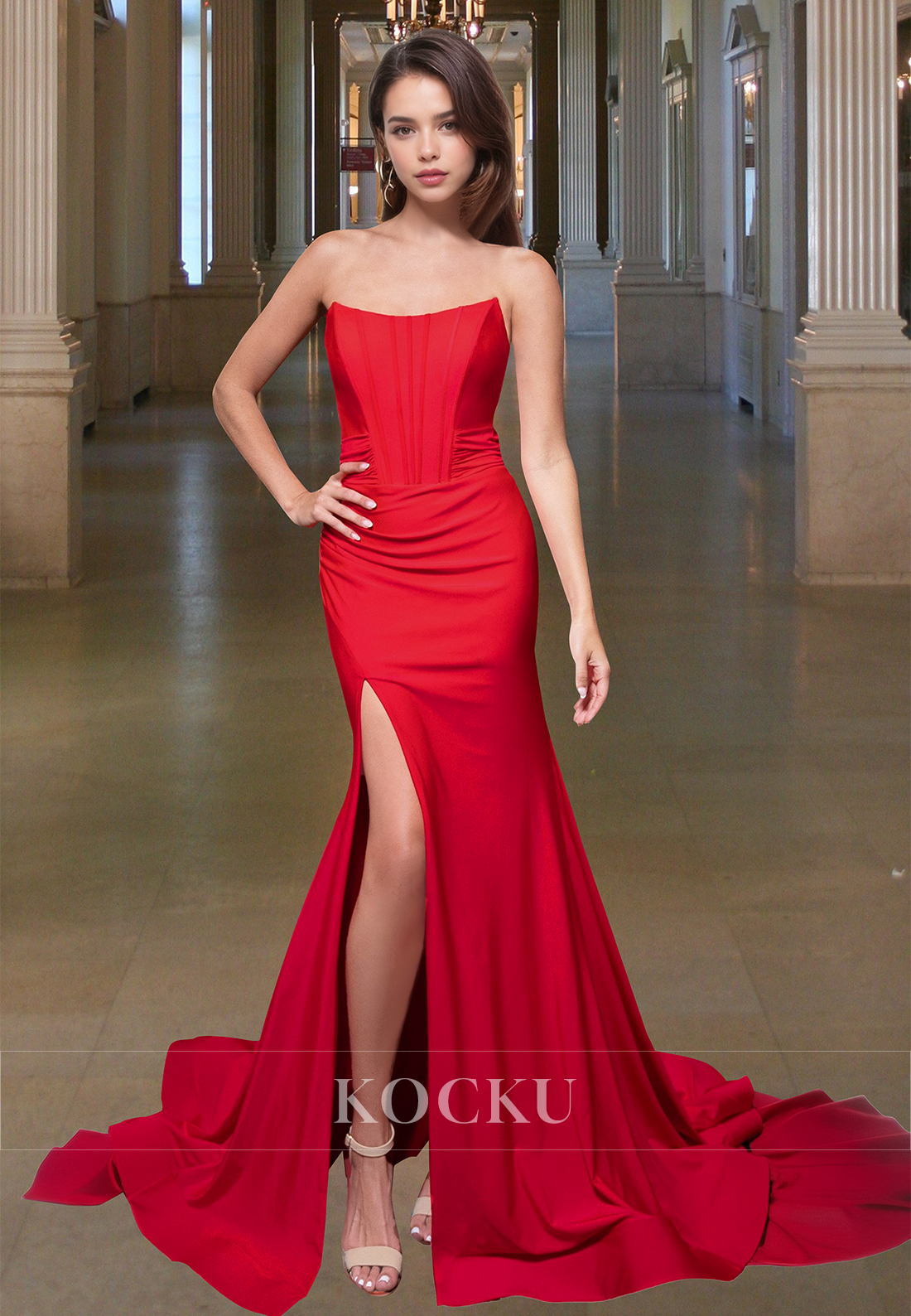 Elegant Tube Top Sheath Prom Dress Side Slit Train Satin Formal Gowns with Bows