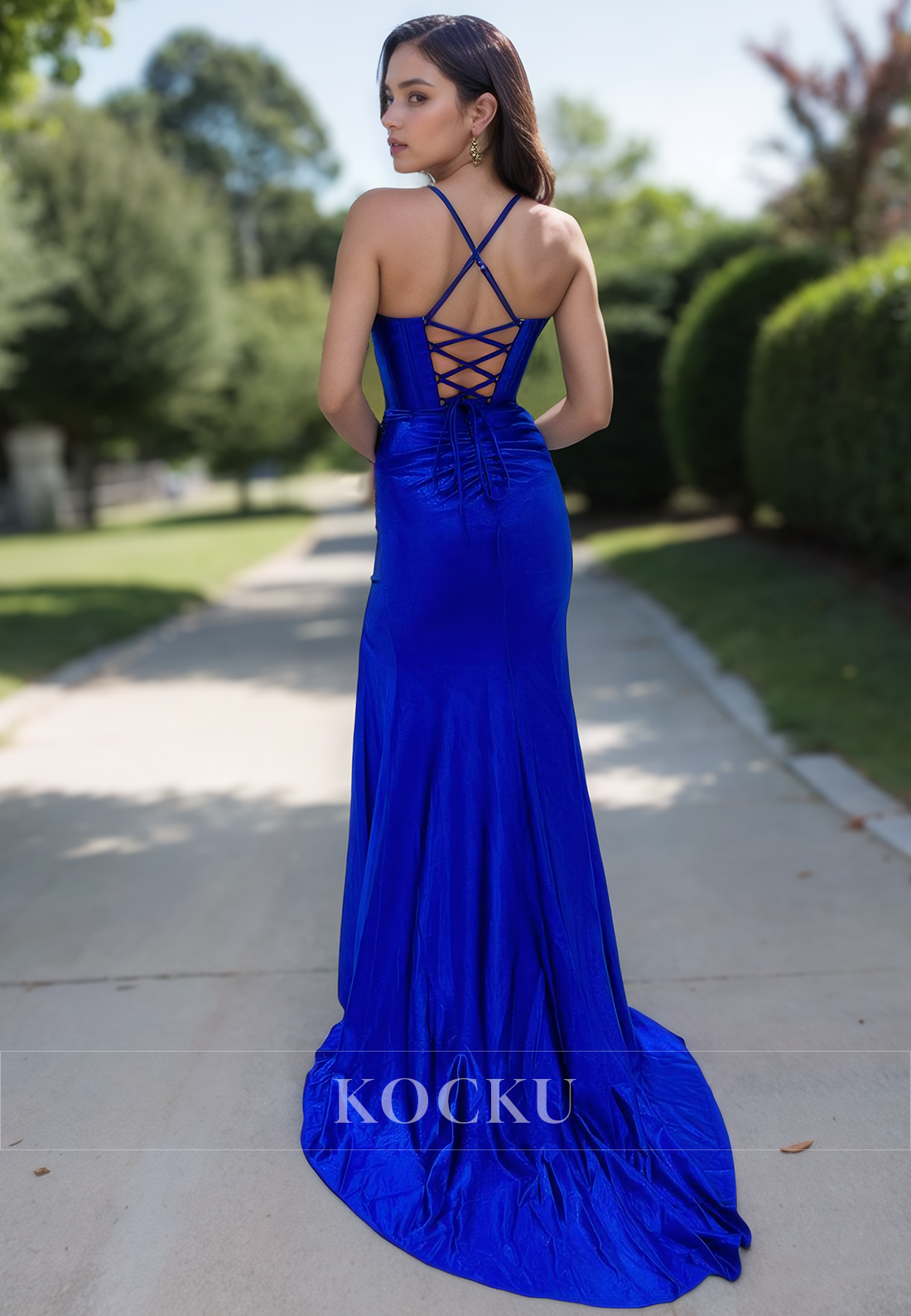 Beaded V-Neck Sleeveless Fitted Satin Long Prom Formal Party Dress with Slit