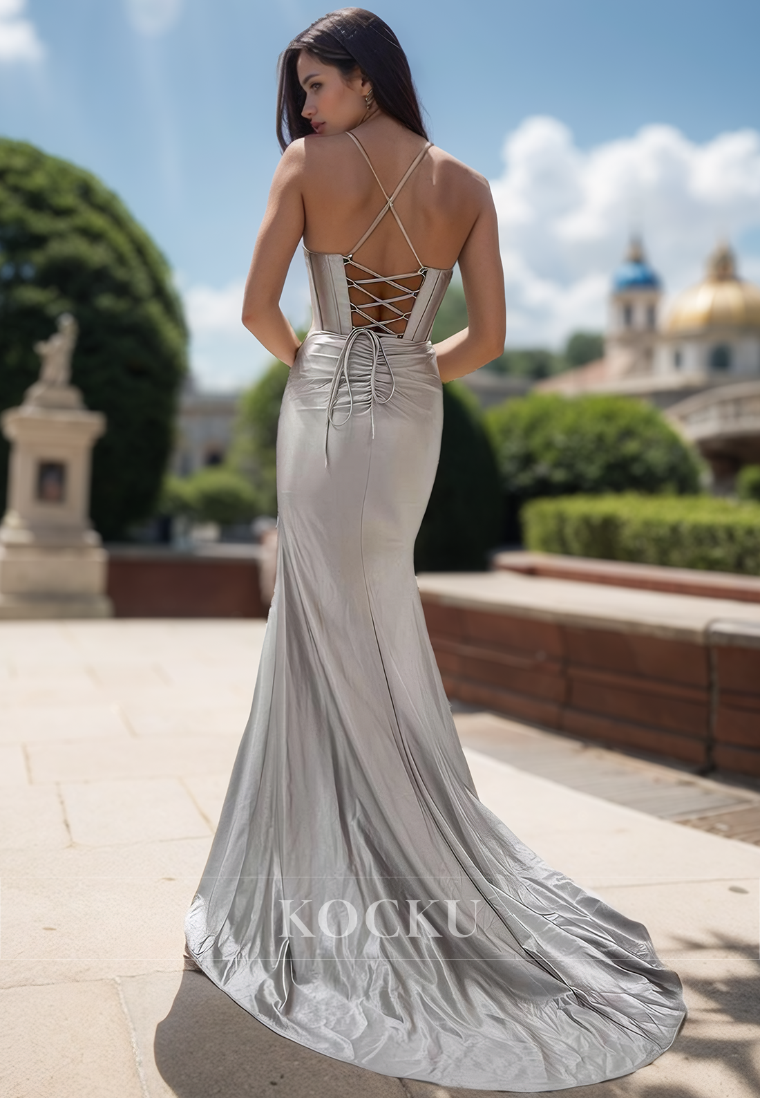 Beaded V-Neck Sleeveless Fitted Satin Long Prom Formal Party Dress with Slit