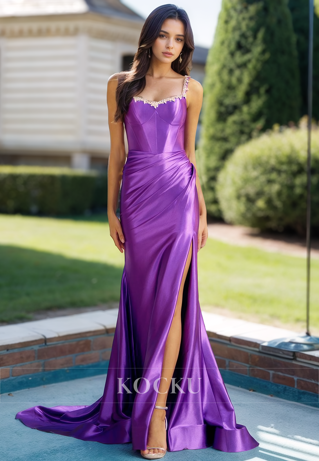 Gorgeous Off-Shoulder Empire Waist Sheath Pleated Satin Formal Prom Dress with Beaded