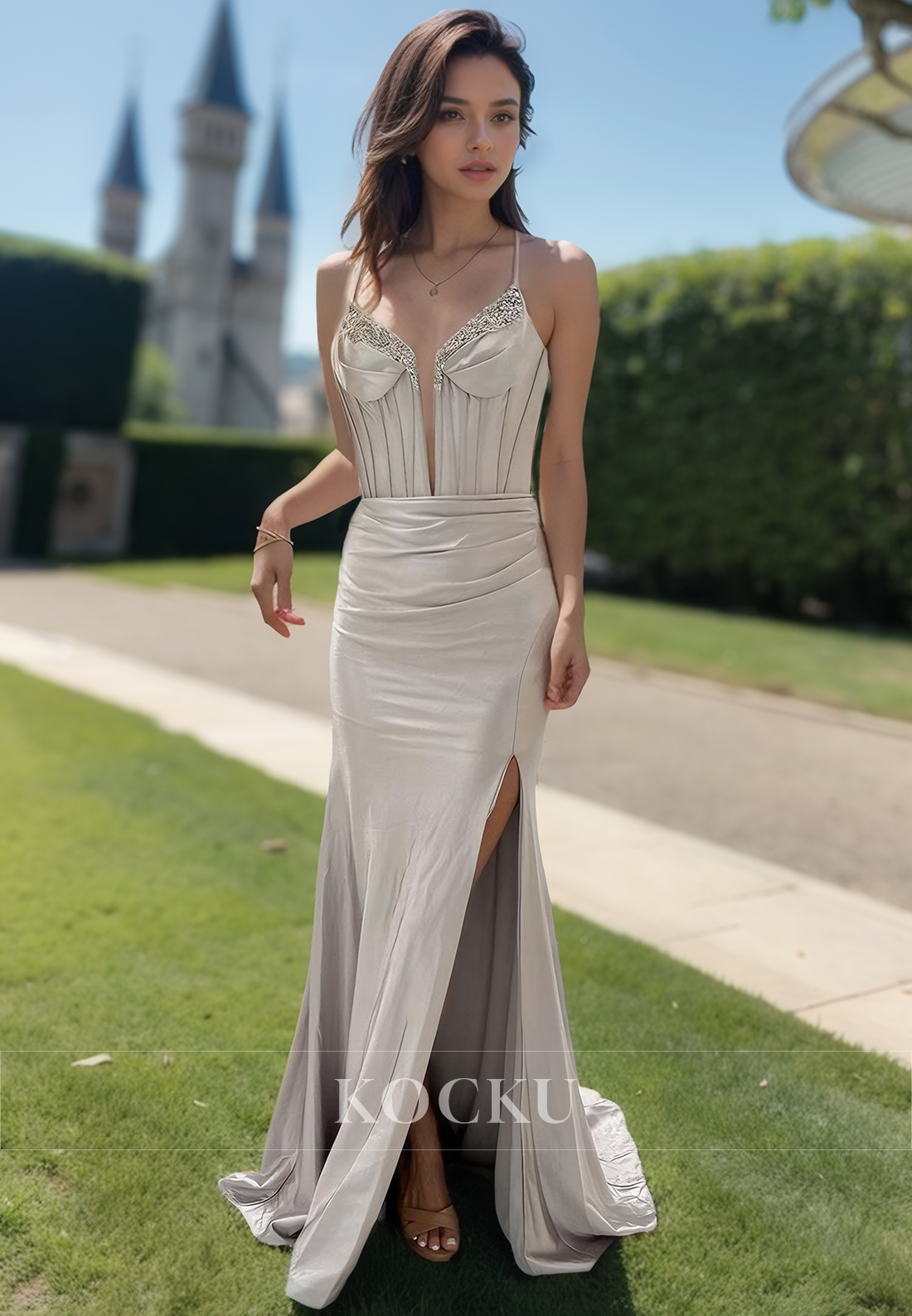 Beaded V-Neck Sleeveless Fitted Satin Long Prom Formal Party Dress with Slit