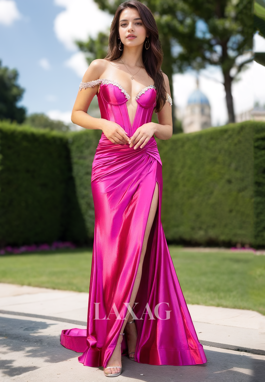Deep V-Neck Beaded Pleated Satin Formal Gowns Off-Shoulder Sleeveless High Slit Mermaid Prom Dress
