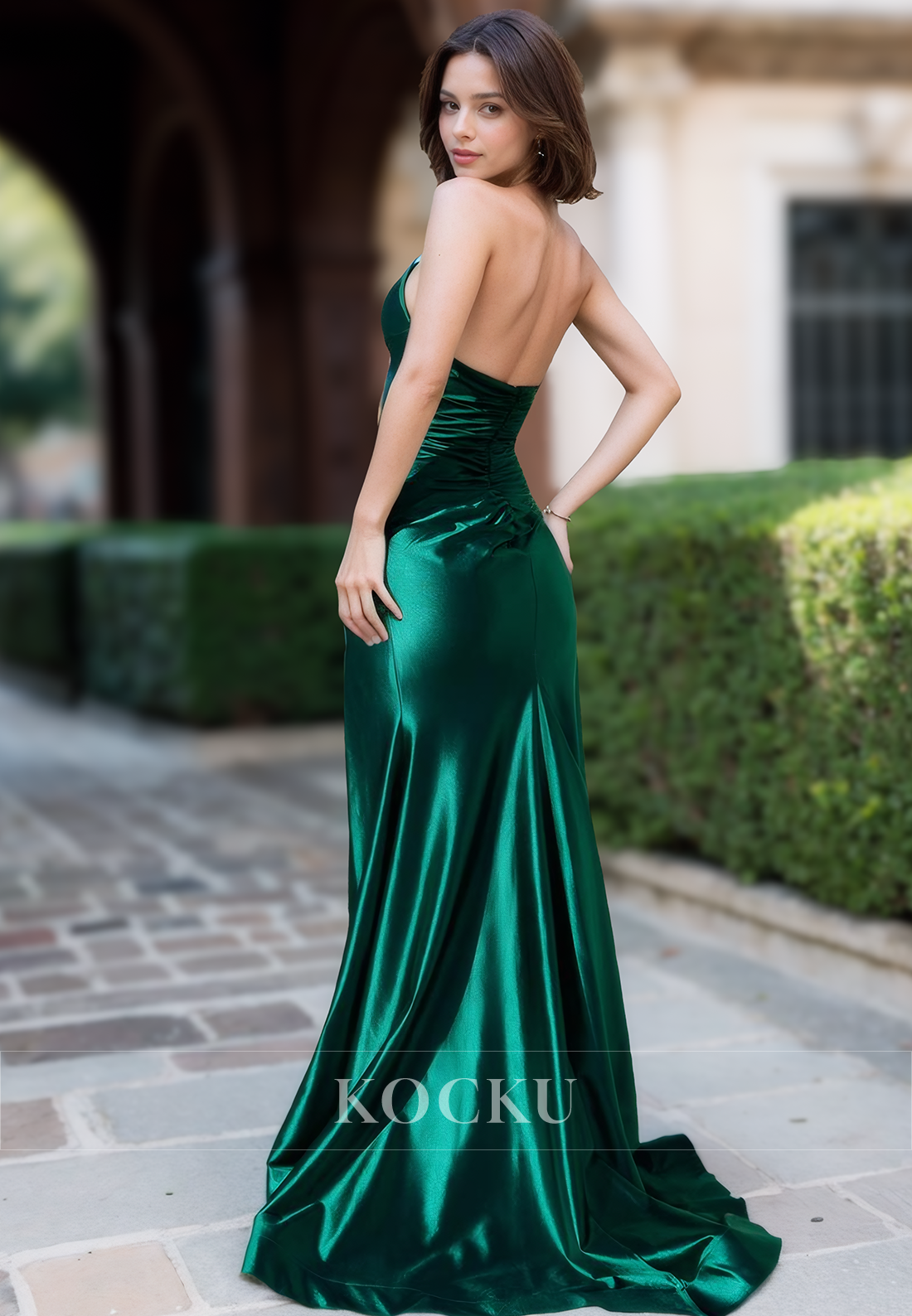 Elegant Sweetheart Sheath High Slit Pleats Satin Long Formal Prom Dress with Train
