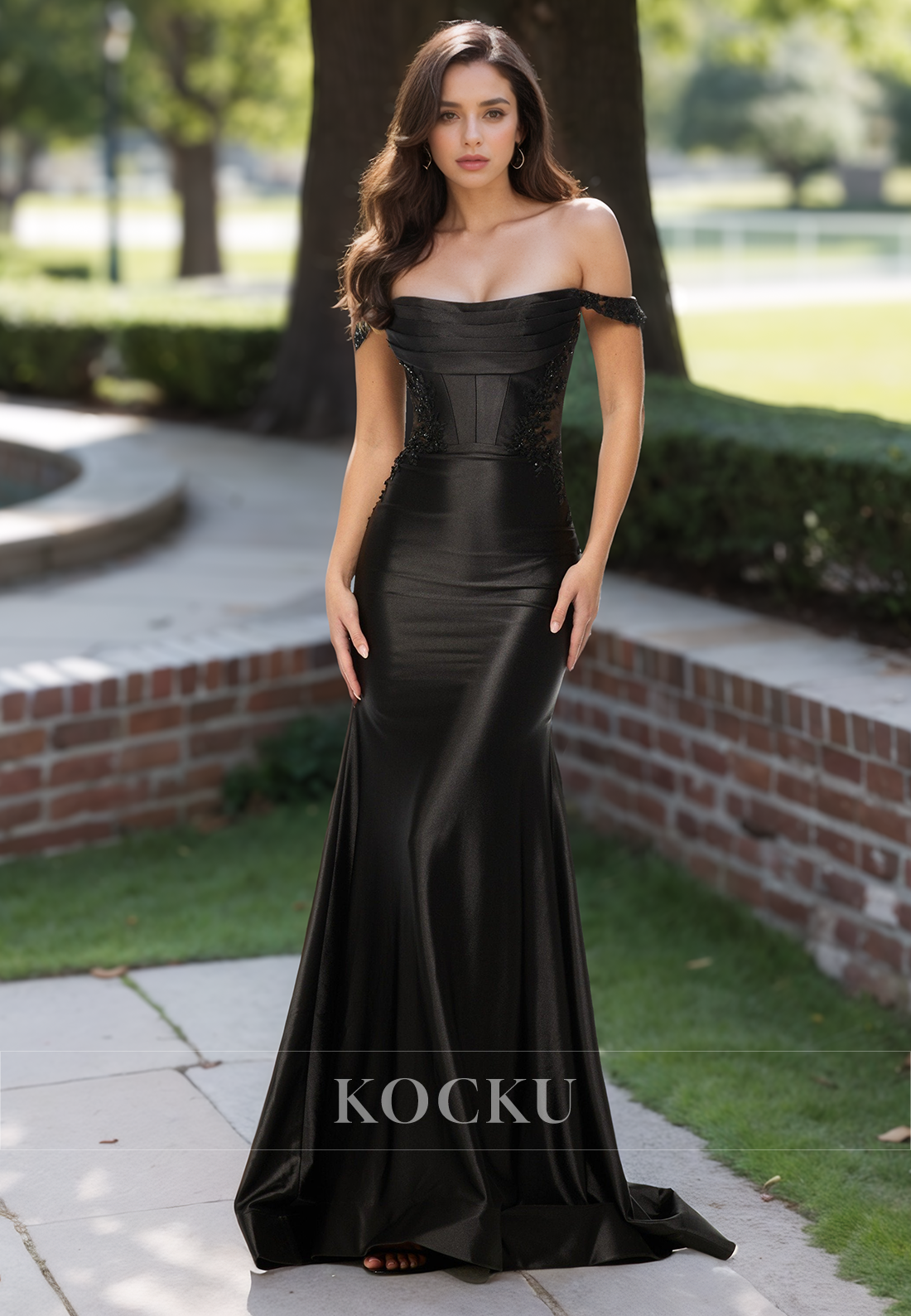 Classic Off-Shoulder Mermaid Sleeveless Appliques Satin Formal Prom Dress with Train