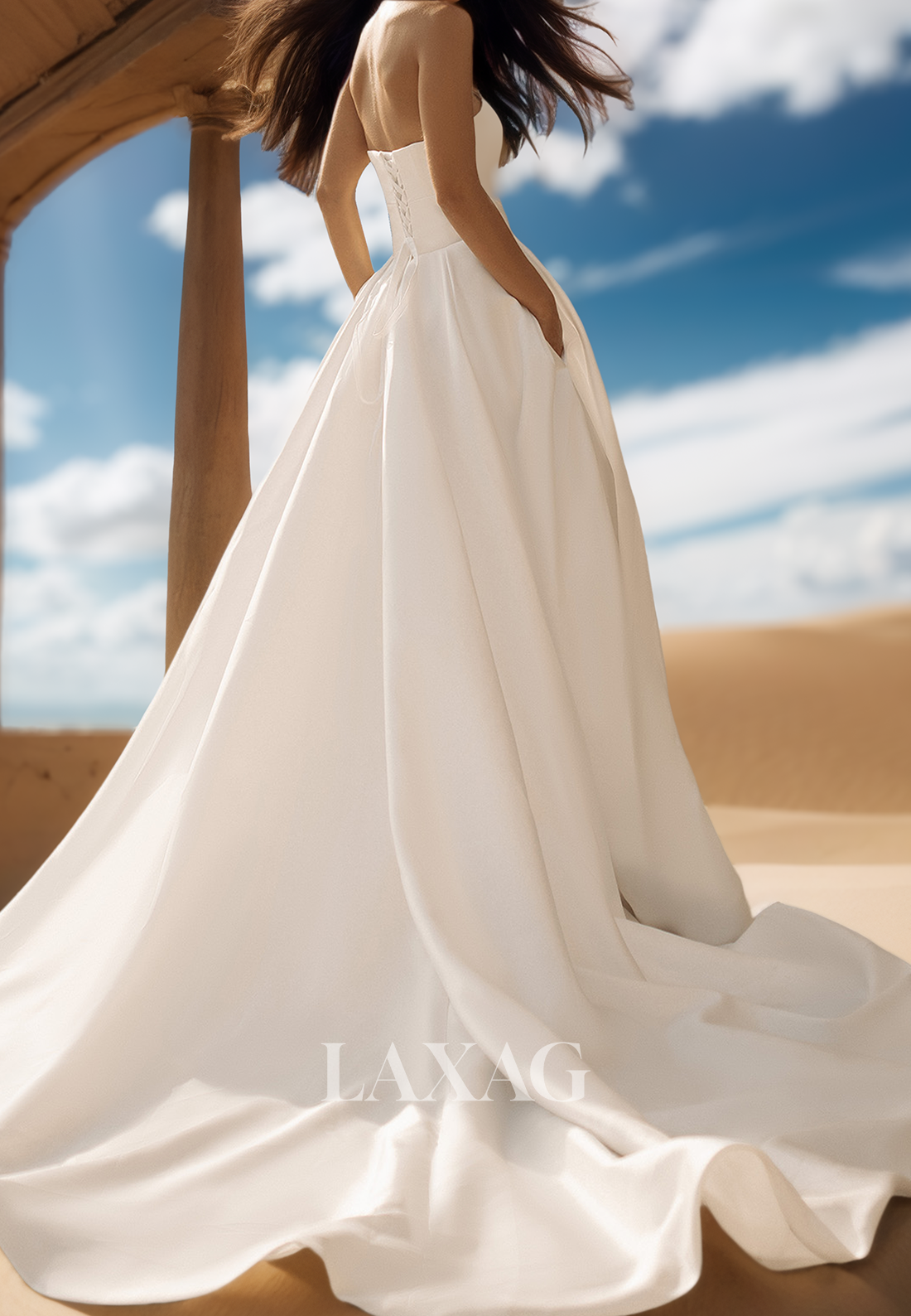 Deep V-Neck Off-Shoulder Sleeveless Bride Gowns Pleated Satin A-Line Wedding Dress with High Slit