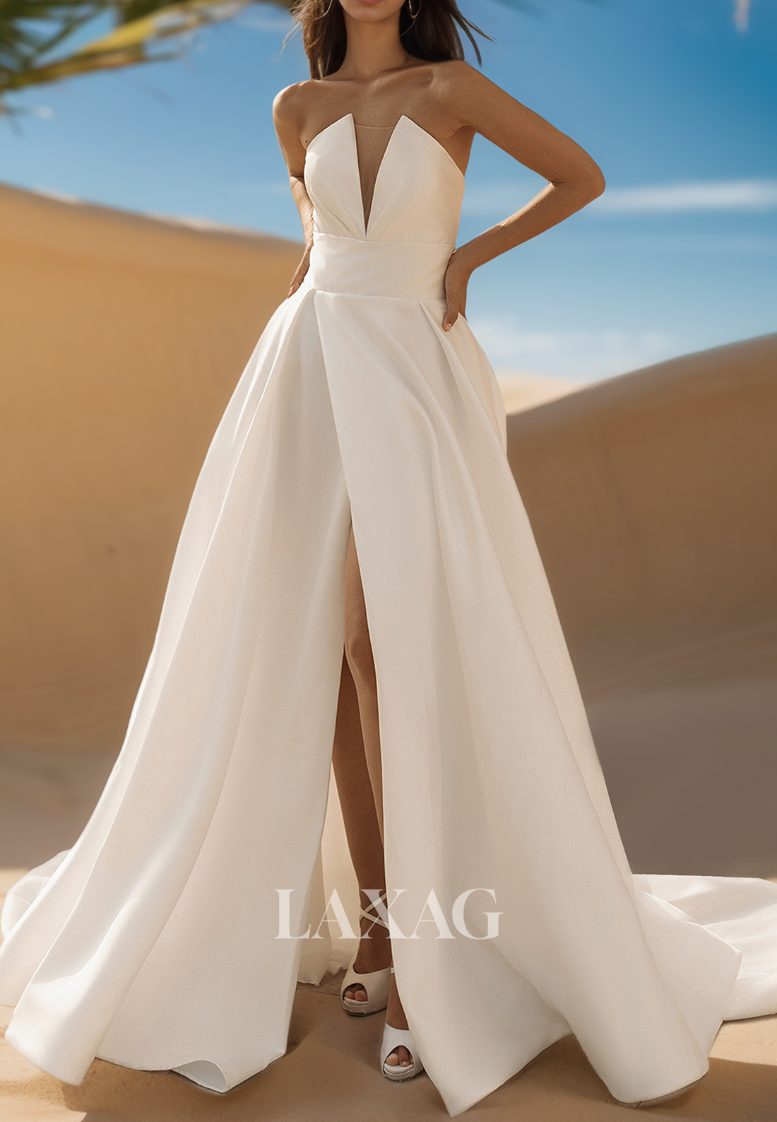 Deep V-Neck Off-Shoulder Sleeveless Bride Gowns Pleated Satin A-Line Wedding Dress with High Slit