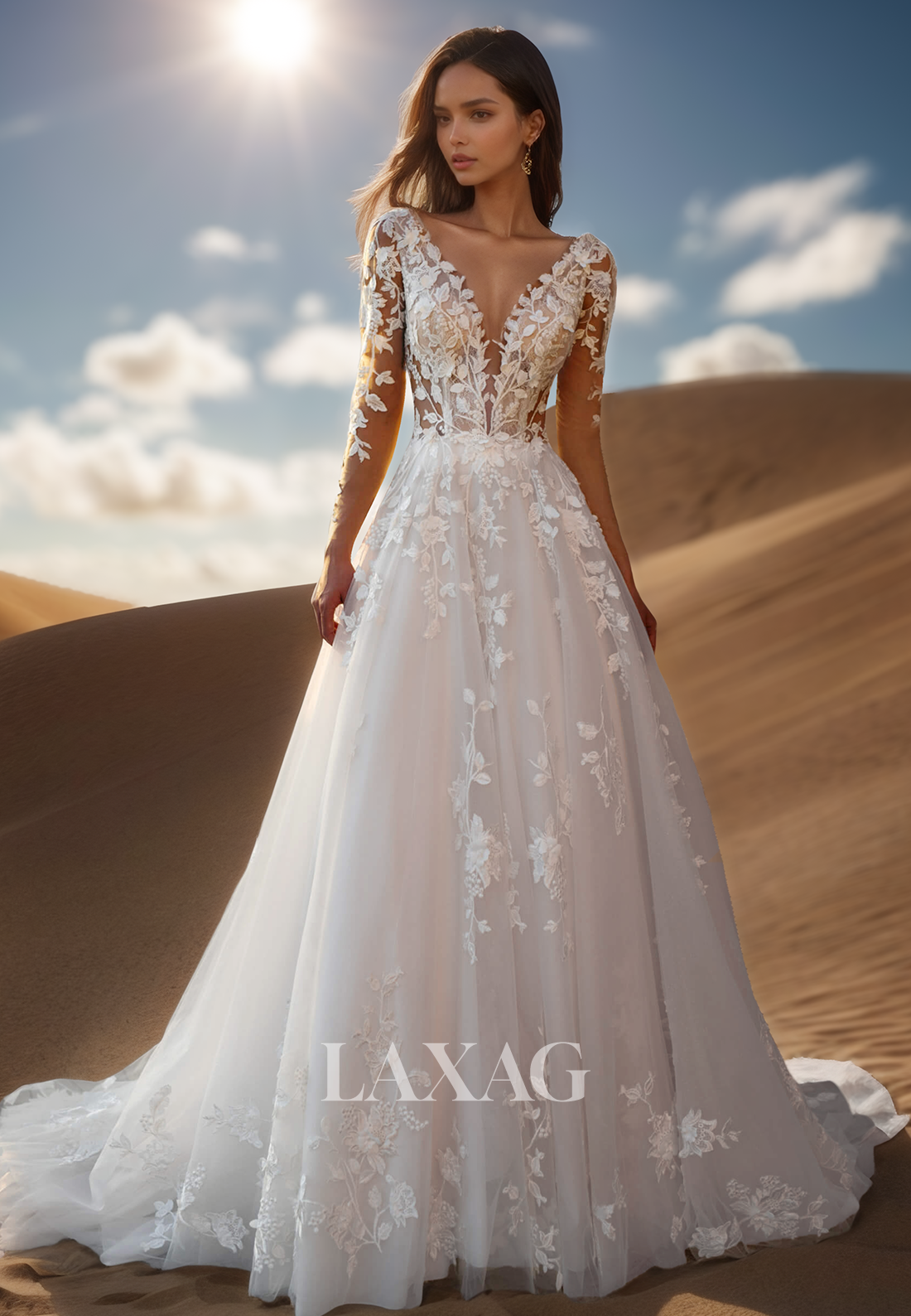Deep V-Neck Long-Sleeves Tulle A-Line Wedding Dress Embroidered Applique Pleated Bride Gowns